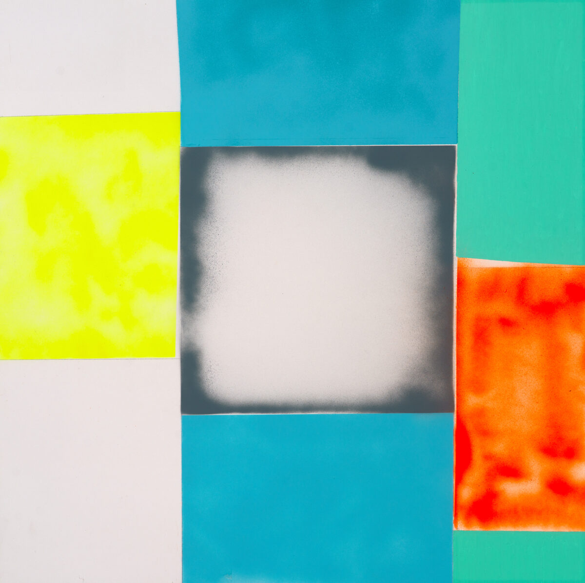 Abstract composition featuring overlapping rectangular sections in vibrant colors—bright yellow-green, turquoise, mint green, and red-orange—arranged around a central gray square with soft, glowing edges. The colored sections have visible texture and brushwork, while the neutral background and central form create a sense of depth and contrast.