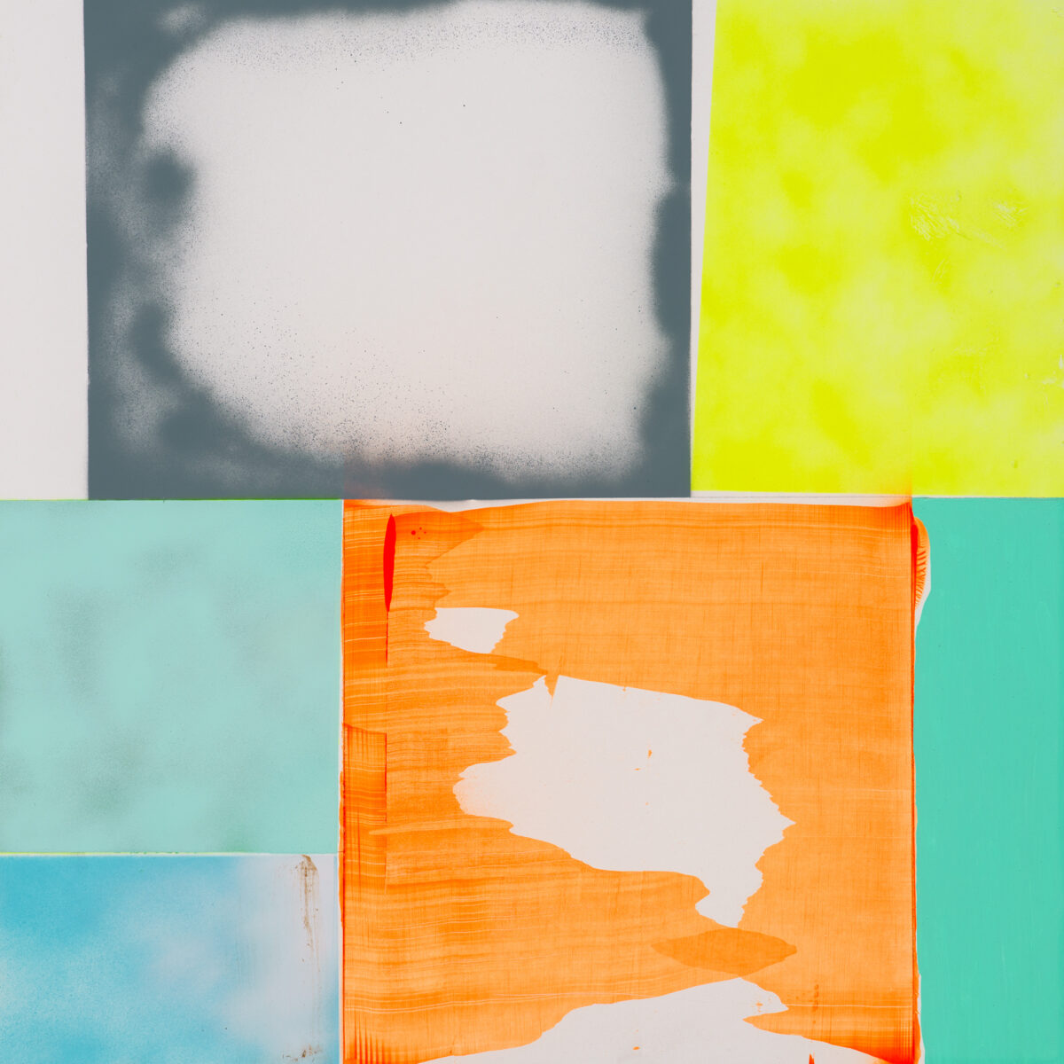 A four-panel abstract composition in vibrant colors: the upper left features a dark teal border framing a cream-colored center with soft edges; the upper right is a bright yellow-green field; the lower left transitions from light turquoise to pale blue; the lower right displays a bold orange panel with white irregular shapes suggesting a fragmented landscape or map form. The varied surfaces show visible brushwork and layering, with areas of translucency and opacity creating depth across the divided composition.