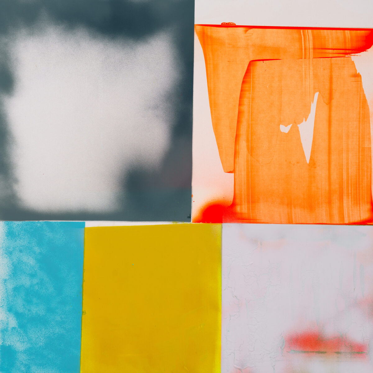 A four-panel composition featuring contrasting abstracted forms and color fields. The upper left quadrant shows a hazy, muted gray-blue tonal area; the upper right displays a vibrant orange brushstroke or gestural mark against a pale ground. The lower left features a vivid turquoise rectangular field adjacent to a bright yellow square, while the lower right contains a softly blurred reddish form on a pale background. The work combines gestural marks with flat color blocks, creating visual tension between abstraction and representation.
