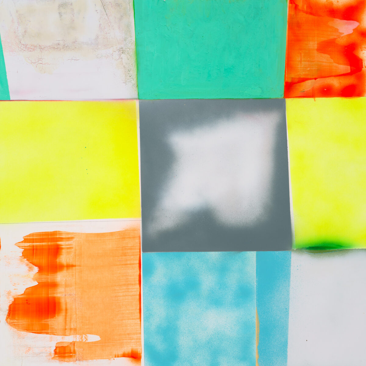 A nine-panel grid composition featuring vibrant blocks of color including neon yellow, turquoise, orange, and gray, with varied surface treatments ranging from smooth and uniform to textured, weathered, and gestural brushwork that creates an abstract, layered visual rhythm.