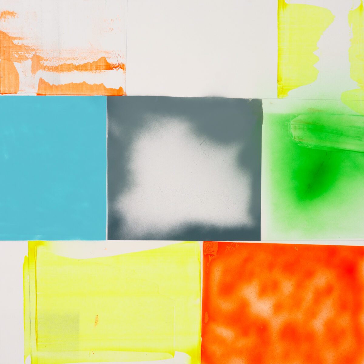 A grid of six colored panels in vibrant hues—cyan, bright yellow-green, orange, and gray—with layered translucent washes and gestural marks creating atmospheric depth. The composition combines flat color fields with textured, diffused areas that suggest movement and spontaneity across the modular arrangement.