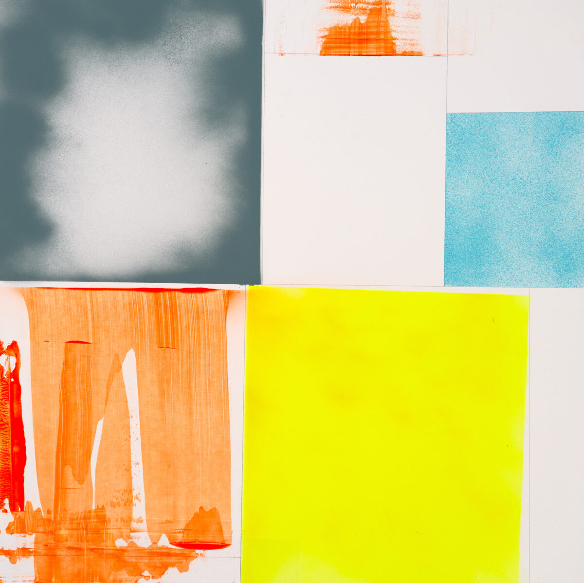 A grid composition of six rectangular panels in varying sizes featuring bold, contrasting colors: teal-gray with white cloudy forms, pale cream, bright turquoise, vivid yellow-green, and orange with gestural white striations and marks. The panels are arranged asymmetrically with visible texture throughout, creating a dynamic abstract composition.