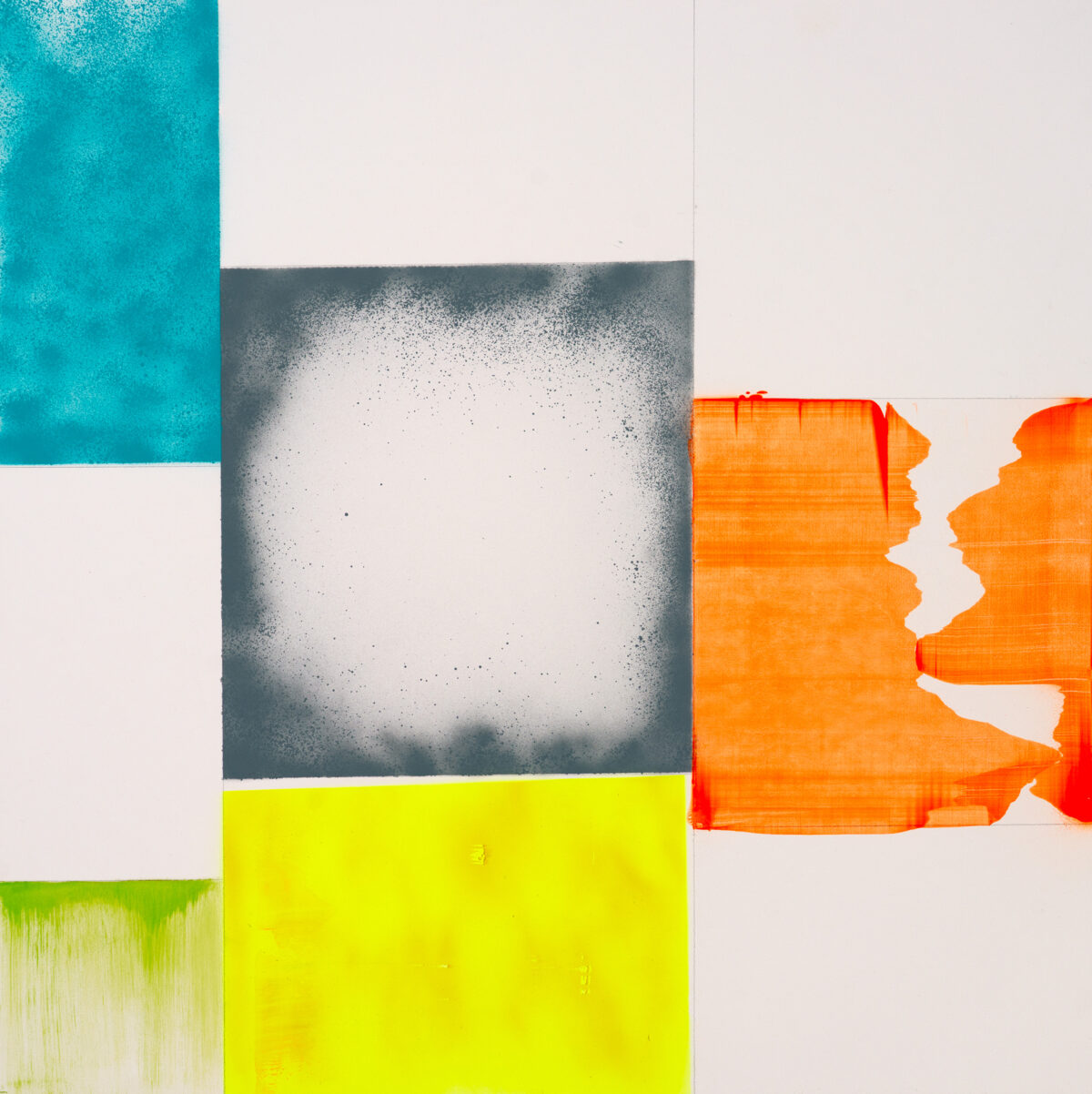 Abstract composition featuring overlapping rectangular and organic shapes in vibrant turquoise, charcoal gray, bright yellow-green, and orange. The turquoise section has a textured, speckled surface, while the gray area shows subtle gradations and particle effects. The orange form on the right displays irregular, torn-like edges. Soft beige and white negative space frames the colored elements, creating a layered, collage-like arrangement.