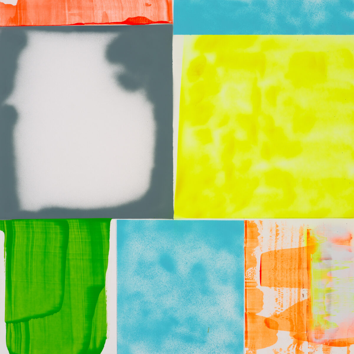 Abstract composition divided into six colored panels arranged in a grid. Upper left features a gray panel with white cloudy form and orange stripe at top. Upper right shows bright yellow-green with subtle circular patterns. Lower left displays vibrant green with curved linear marks. Center bottom is soft turquoise with cloud-like texture. Lower right combines orange and cream tones with gestural marks and color bleeds. Bold, contrasting hues create dynamic visual rhythm across the work.