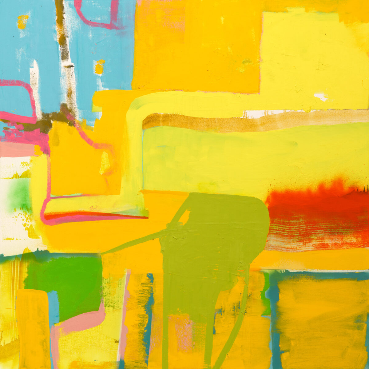 Abstract composition in vibrant yellows, greens, and blues with bold gestural brushstrokes and geometric shapes. Layered paint application includes bright enamel passages, organic flowing forms, and overlapping rectangular and curved elements in pink, red, and white accents across the canvas.