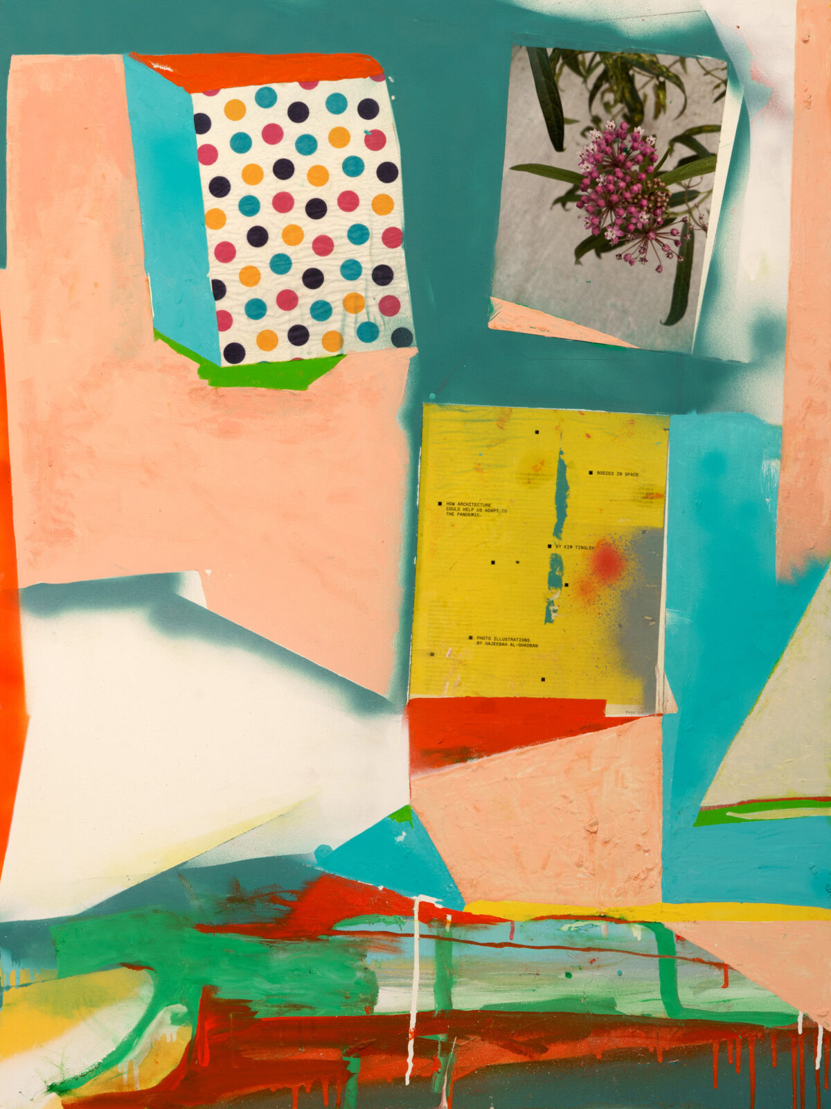 Vibrant mixed-media collage on canvas featuring bold geometric color blocks in teal, coral, yellow, and green, layered with torn paper elements including a polka-dotted pattern and a photograph of pink flowers. Gestural paint drips and expressive brushwork create dynamic movement across the composition.