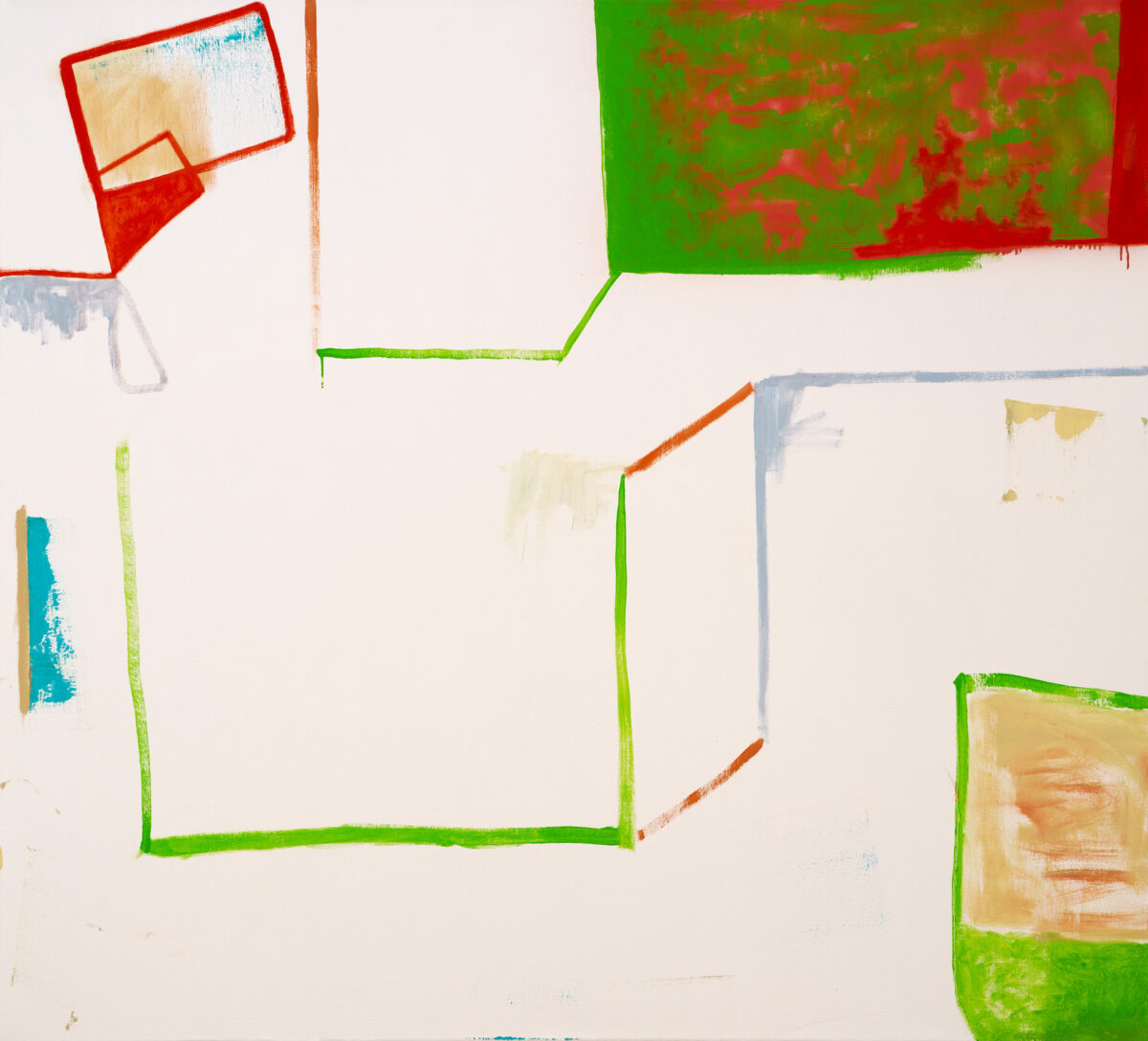 Abstract composition on cream canvas featuring bold geometric outlines in red, green, orange, and blue, with rectangular forms and painterly fills in muted earth tones and pale yellows. Loose, gestural brushwork and tape residue create a layered, sketch-like quality across the surface.