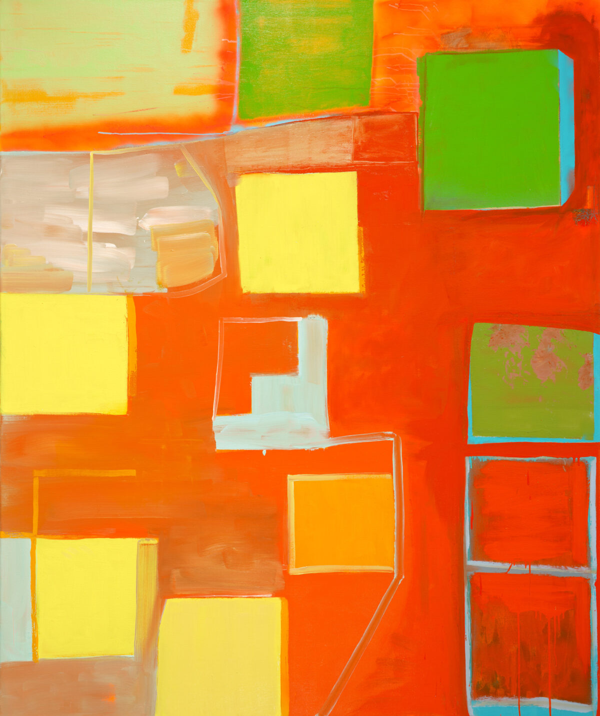 Abstract composition of overlapping rectangular forms in vibrant orange, yellow, and green, with outlined shapes and layered brushstrokes creating depth and movement across the canvas.