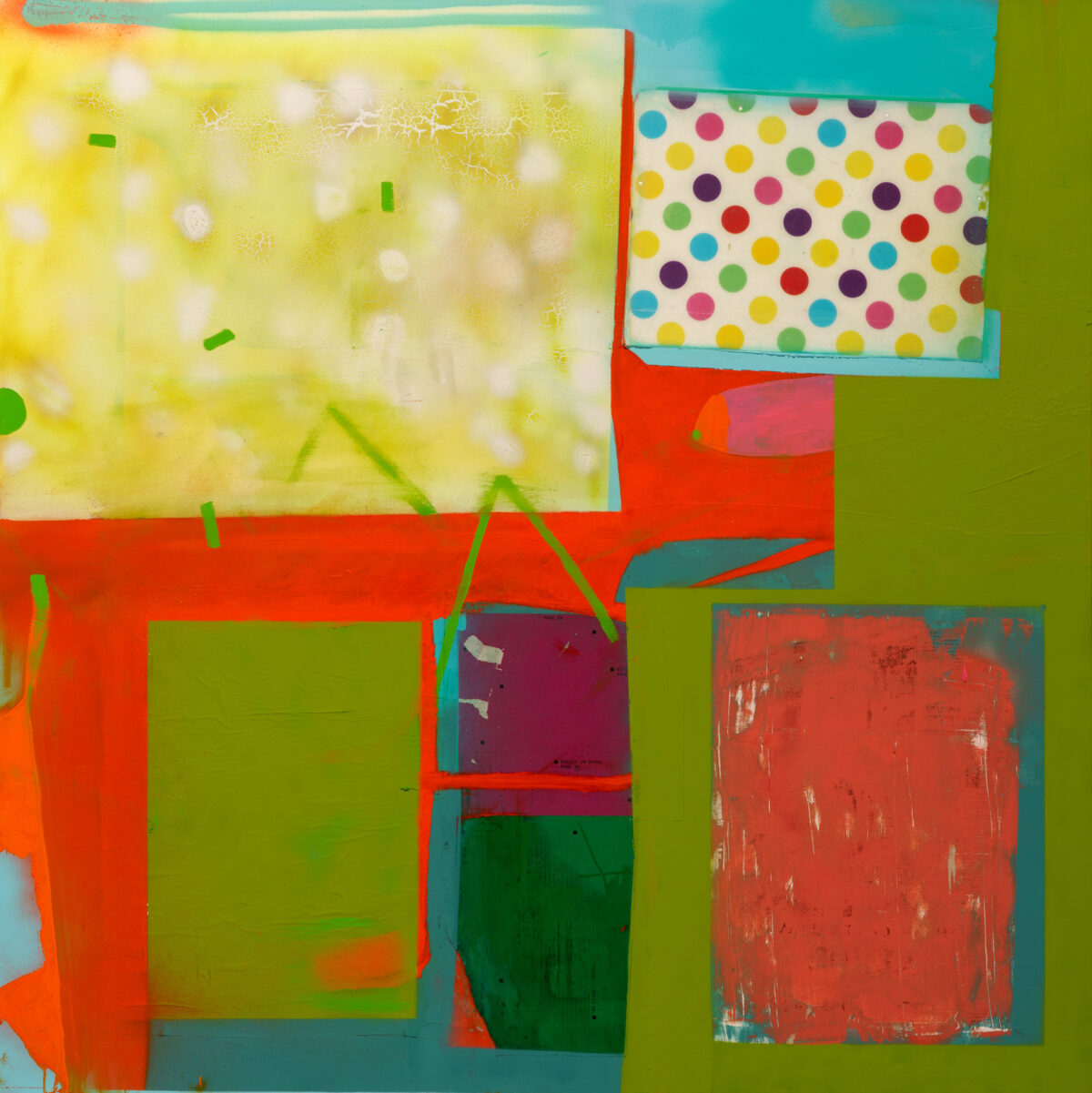 Abstract composition featuring layered rectangles and geometric shapes in vibrant red, yellow, green, and teal against an olive-green background. Mixed media elements include a polka-dotted paper fragment in the upper right and textured painted surfaces with visible brushstrokes and linear marks throughout.
