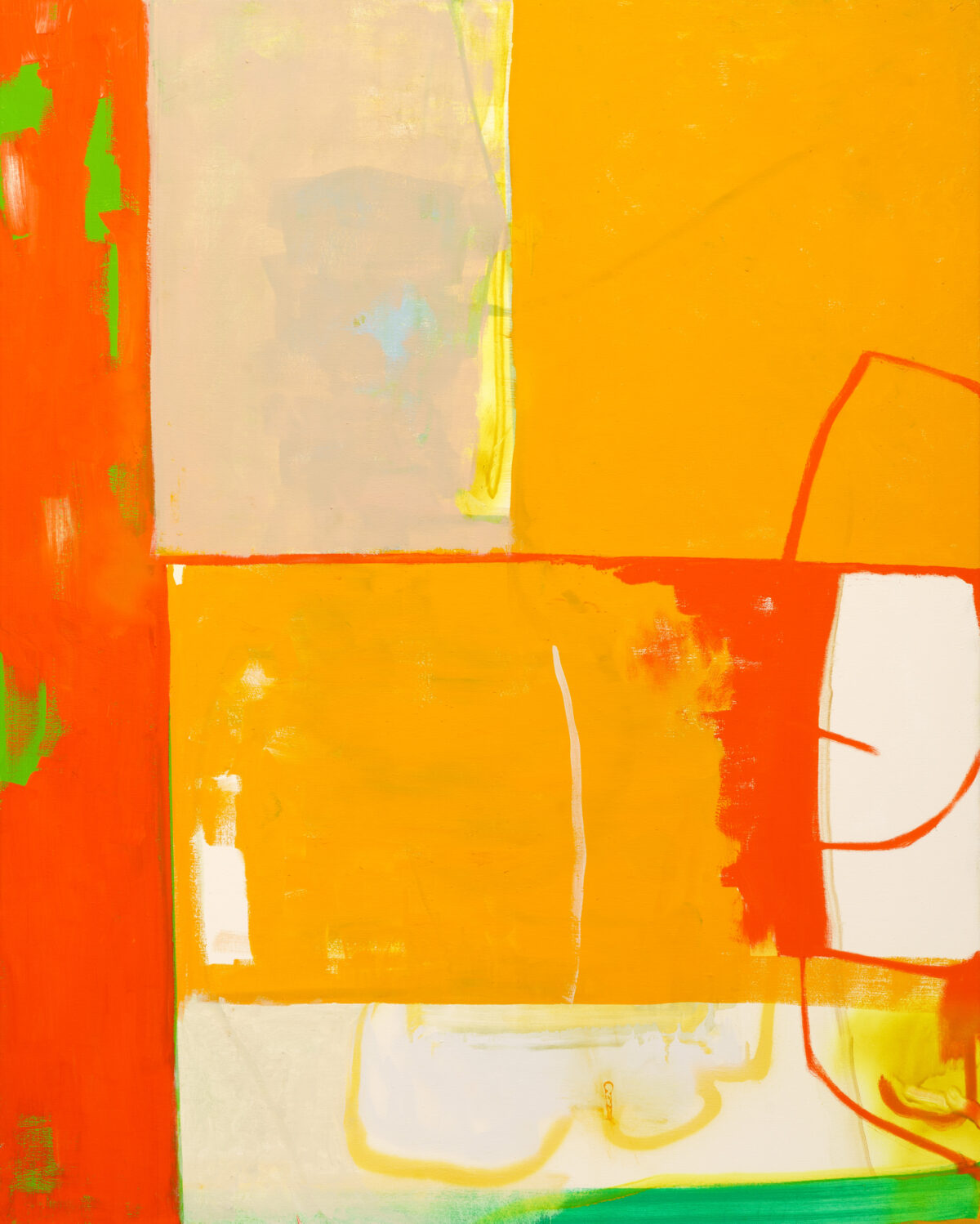 Abstract composition in vibrant reds, oranges, and yellows with geometric shapes and overlapping planes. Gestural green marks and white passages create visual tension against the warm color fields, with thin linear elements and irregular boundaries suggesting movement and layered depth.