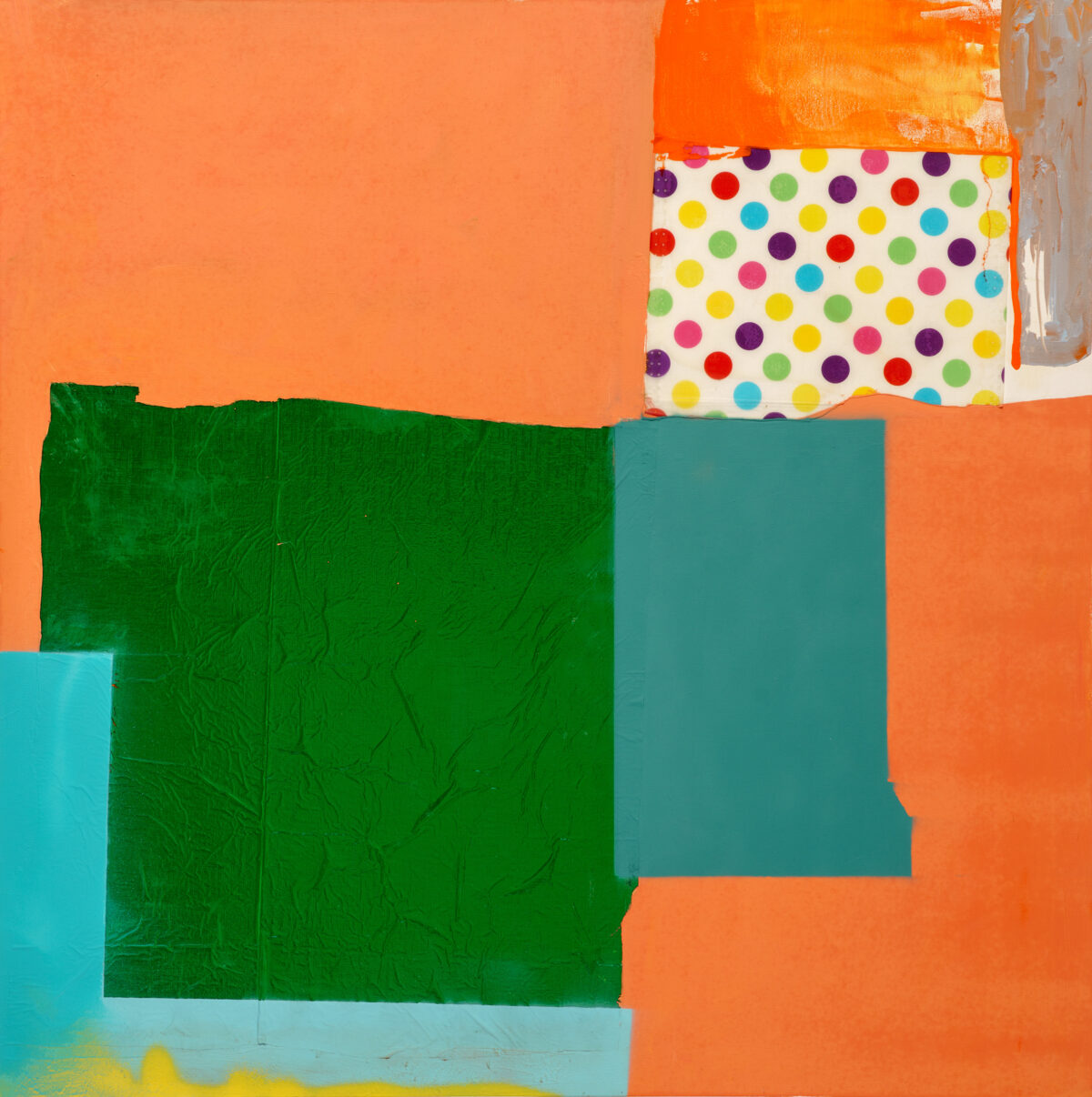 Vibrant abstract composition featuring bold geometric blocks of orange, green, teal, and cyan layered across the canvas. A polka-dotted fabric or paper element with multicolored dots is affixed to the upper right, creating a textural contrast against the painted fields below.