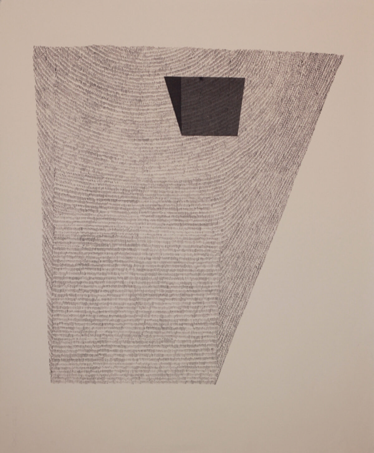 A large trapezoid form filled with fine linear hatching in graphite and silver ink creates a subtle vortex pattern, with a small dark rectangular form positioned near the upper center of the composition against a neutral beige background.