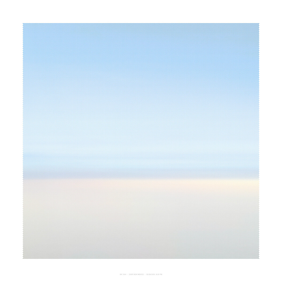 A large-scale composition dominated by a gradient field of small blue dots that transitions gradually toward warm peachy and cream tones in the lower right quadrant, creating a subtle atmospheric effect across the entire surface.