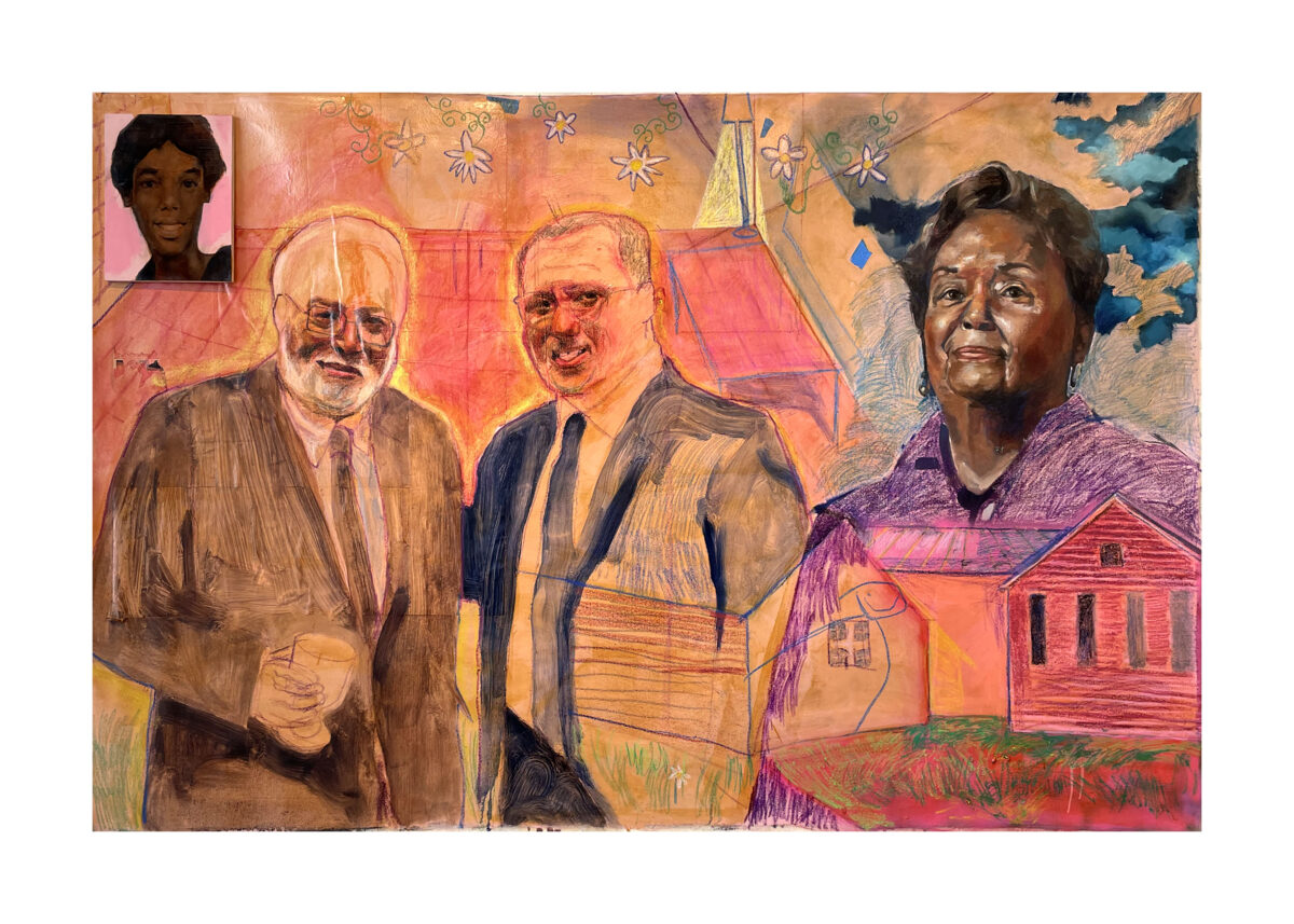 A mixed-media painting featuring three figures rendered in warm earth tones and vibrant colors. Two men in business suits appear in the center with golden halos, while a woman in a purple garment stands to the right beside a red house. A smaller portrait of a young person is positioned in the upper left corner. The composition uses expressive brushwork and includes decorative elements like hanging flowers and a stylized landscape backdrop in blues and oranges.