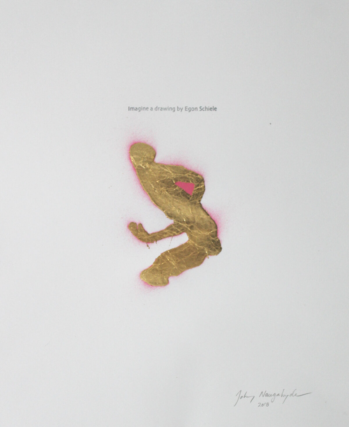 A stylized figure rendered in metallic gold leaf with a vibrant pink aura or halo effect against a light gray background. The dynamic pose shows a contorted human form in an expressive, gestural manner characteristic of early expressionist drawing.