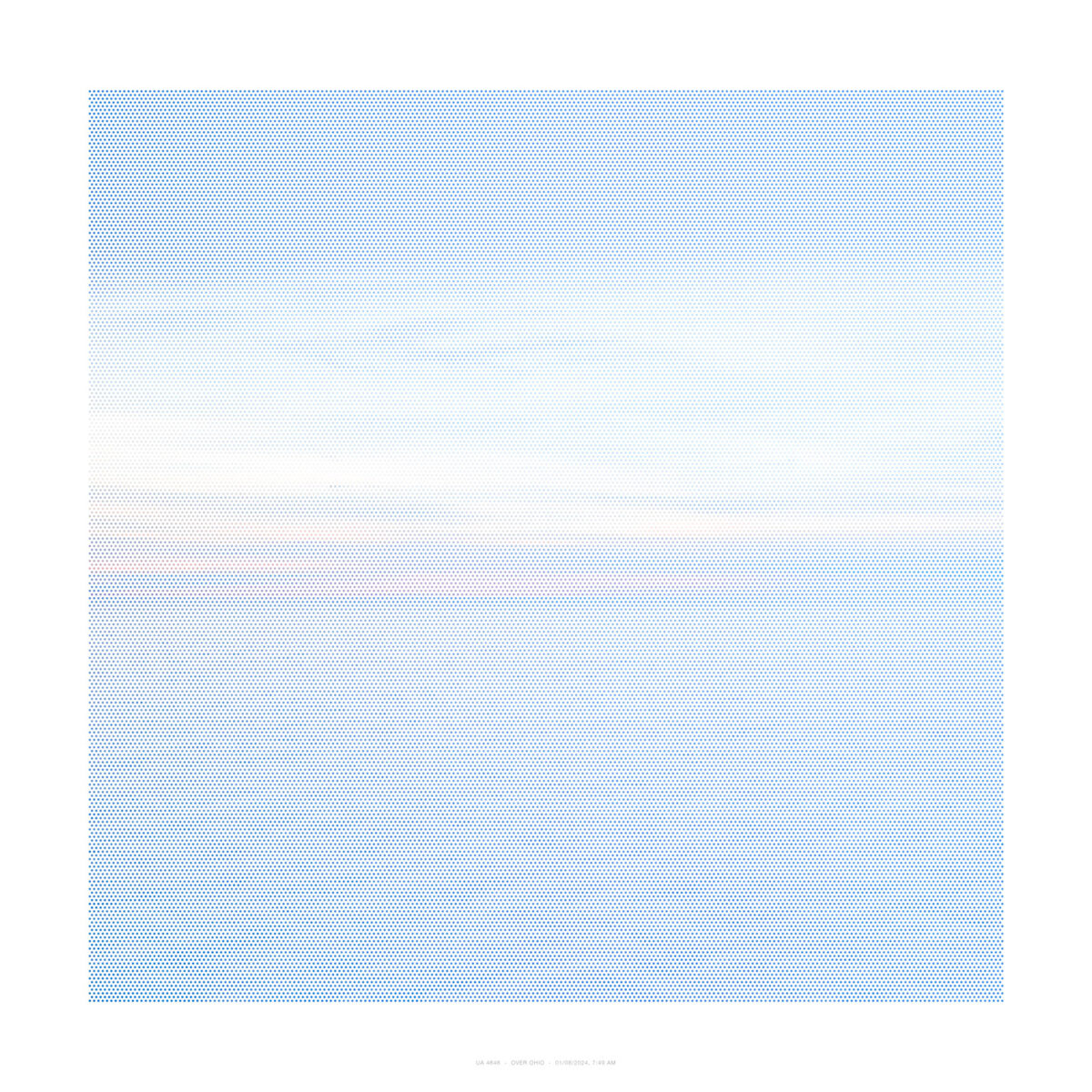 Aerial view of a vast landscape covered in a dense pattern of small blue dots, creating a gradient effect that transitions from deeper blue tones at the edges to lighter, nearly white tones toward the center, suggesting clouds or atmospheric conditions over a dotted terrain.