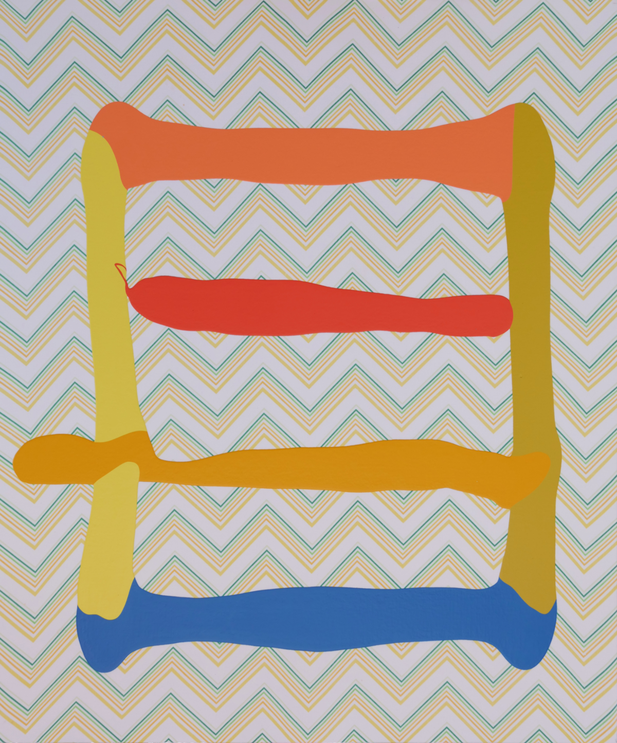 A stylized ladder rendered in bright colors—yellow vertical supports, with horizontal rungs in orange-red, red, and blue—set against a background of repeating chevron stripes in soft pastels of lavender, yellow, green, and tan.
