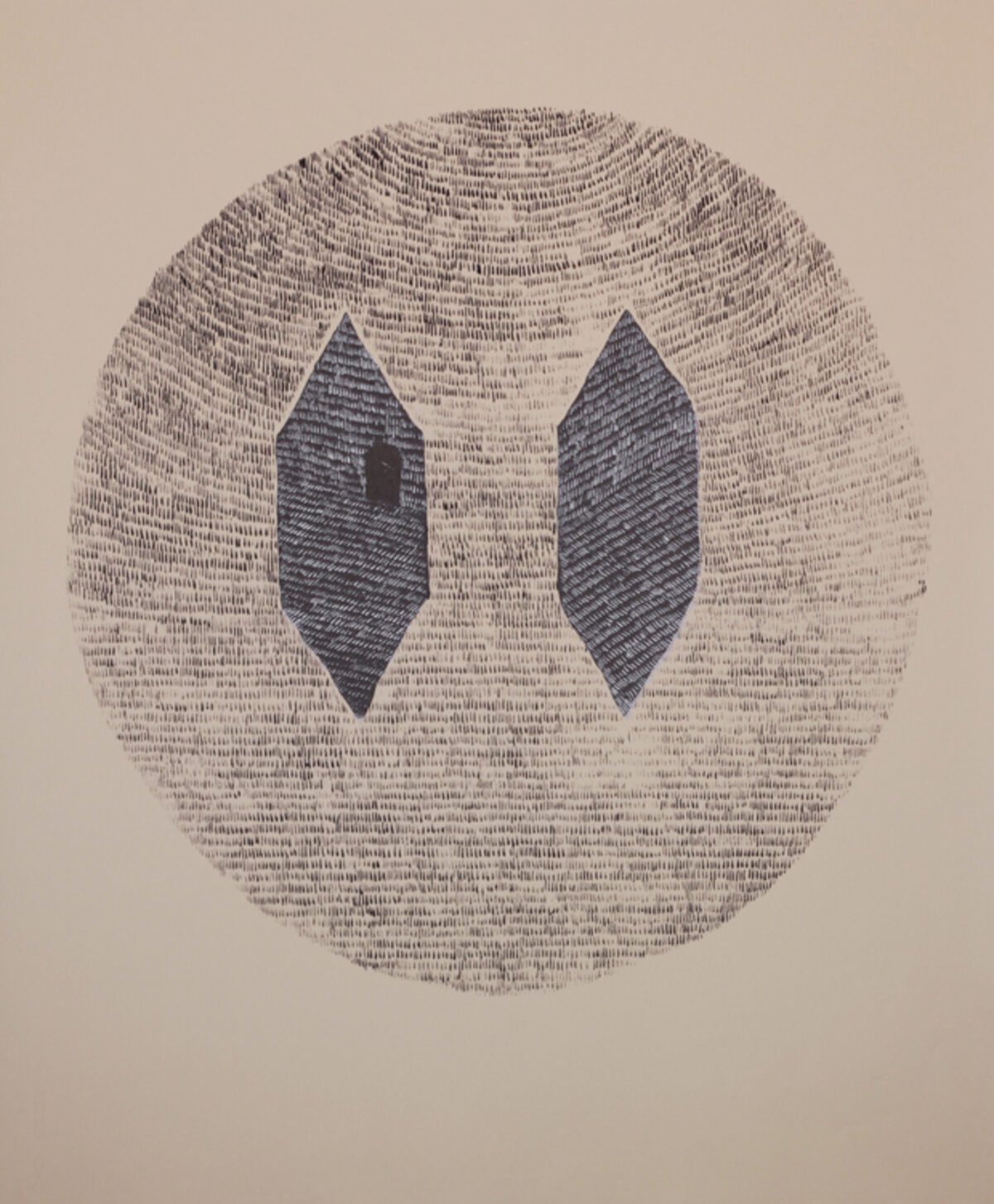 A spherical composition rendered in densely layered text or marks in graphite and silver ink, with two dark diamond-shaped voids positioned symmetrically within the center, creating an austere, mask-like appearance.