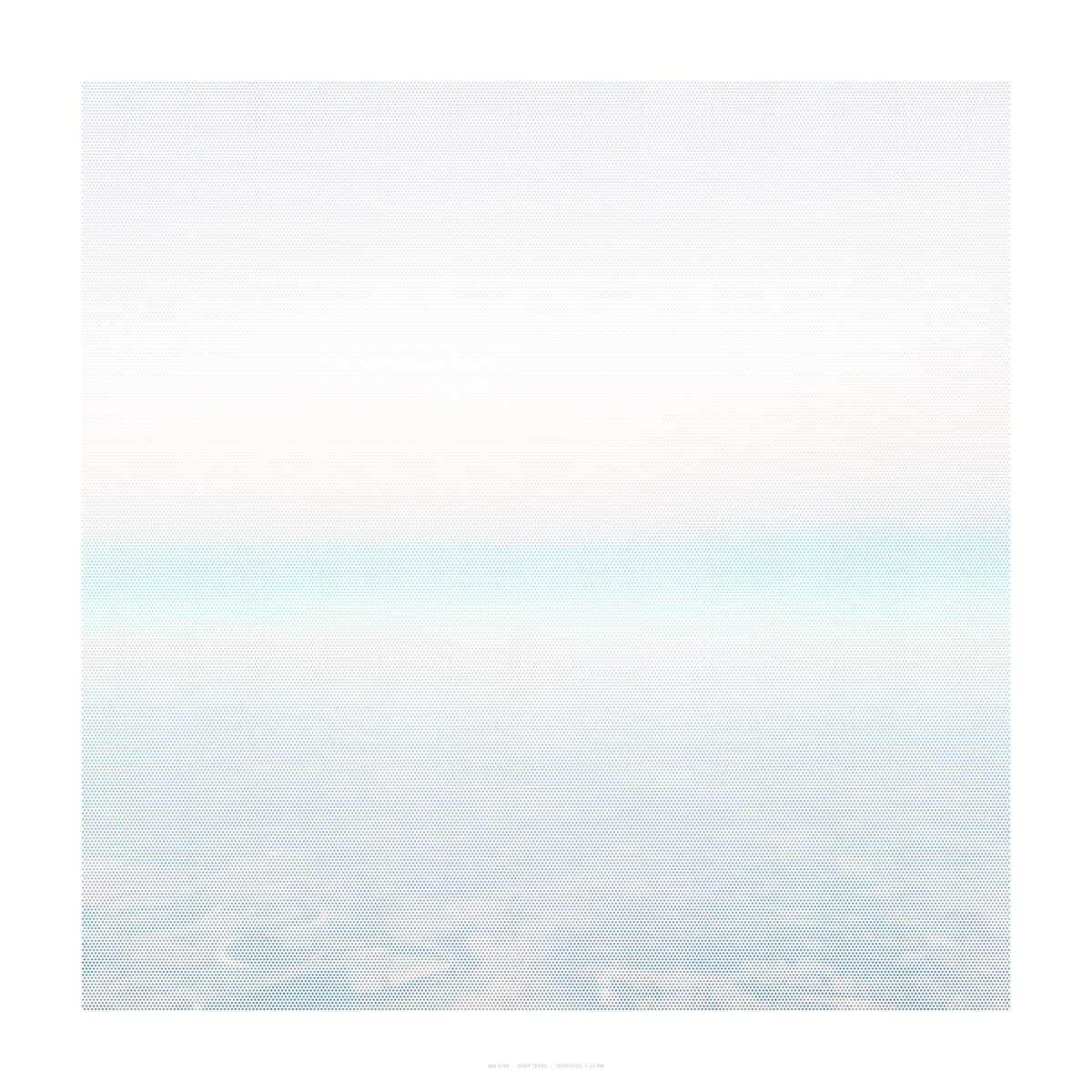 A minimalist composition divided horizontally into two sections: the upper half features a subtle gray dotted pattern that gradually transitions to white, while the lower half shifts to pale blue tones, creating a soft gradient effect across the entire surface. The work employs a fine halftone or dot-matrix aesthetic that suggests atmospheric conditions or satellite imagery.