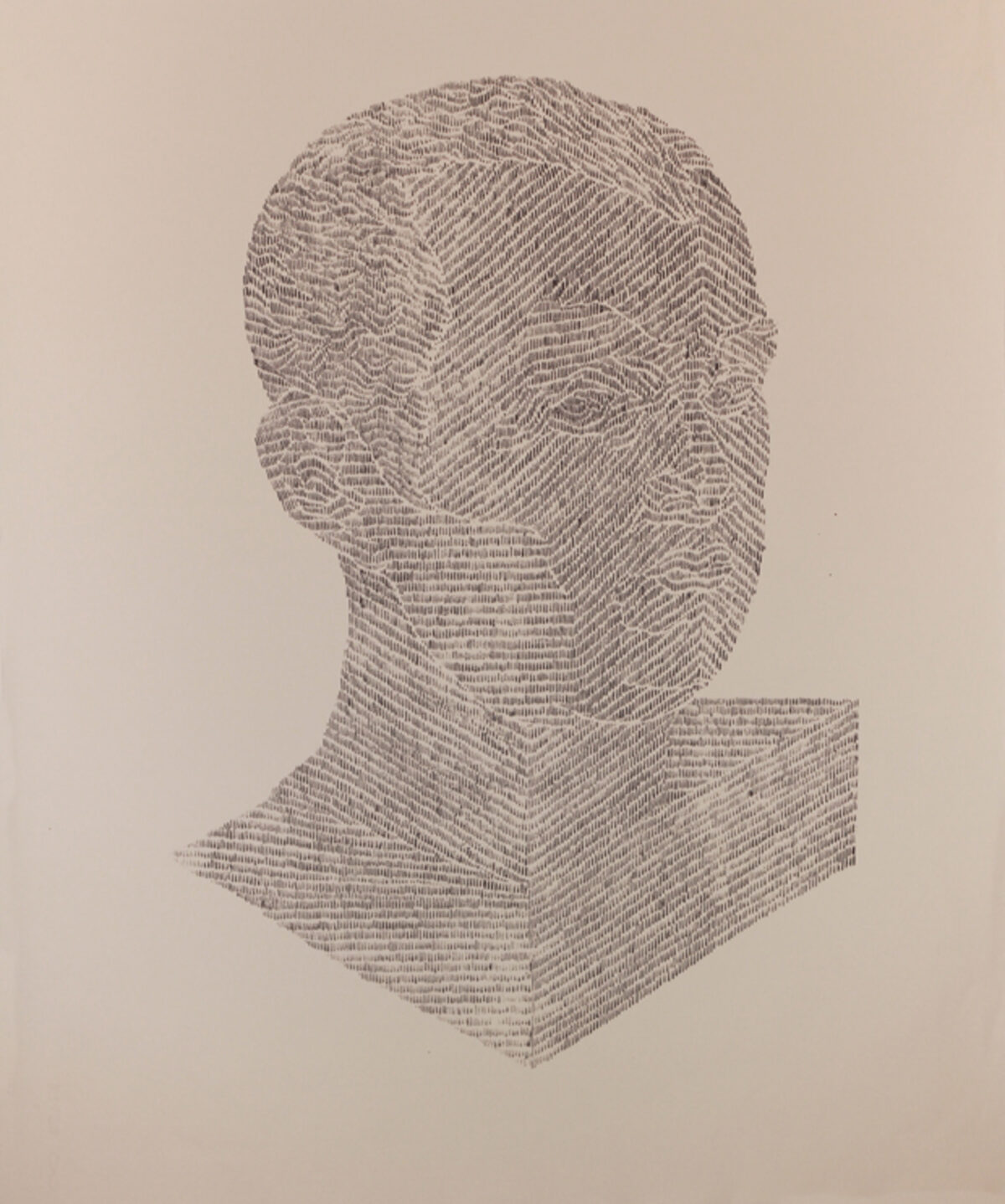 A monochromatic bust rendered in fine linear hatching in graphite and silver ink against a neutral beige background. The portrait-style sculpture is shown from the shoulders up, with subtle dimensional modeling created entirely through directional line work that suggests form and shadow.