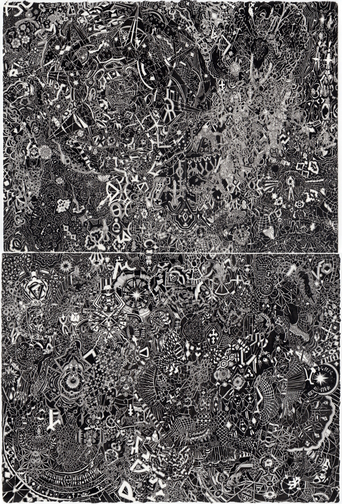 A densely layered black and white composition of intricate geometric patterns, symbols, and abstract figures covering two stacked rectangular panels. The work features overlapping lines, mechanical forms, ornamental designs, and gestural marks that create a complex, labyrinthine visual field with varying degrees of detail and density throughout.