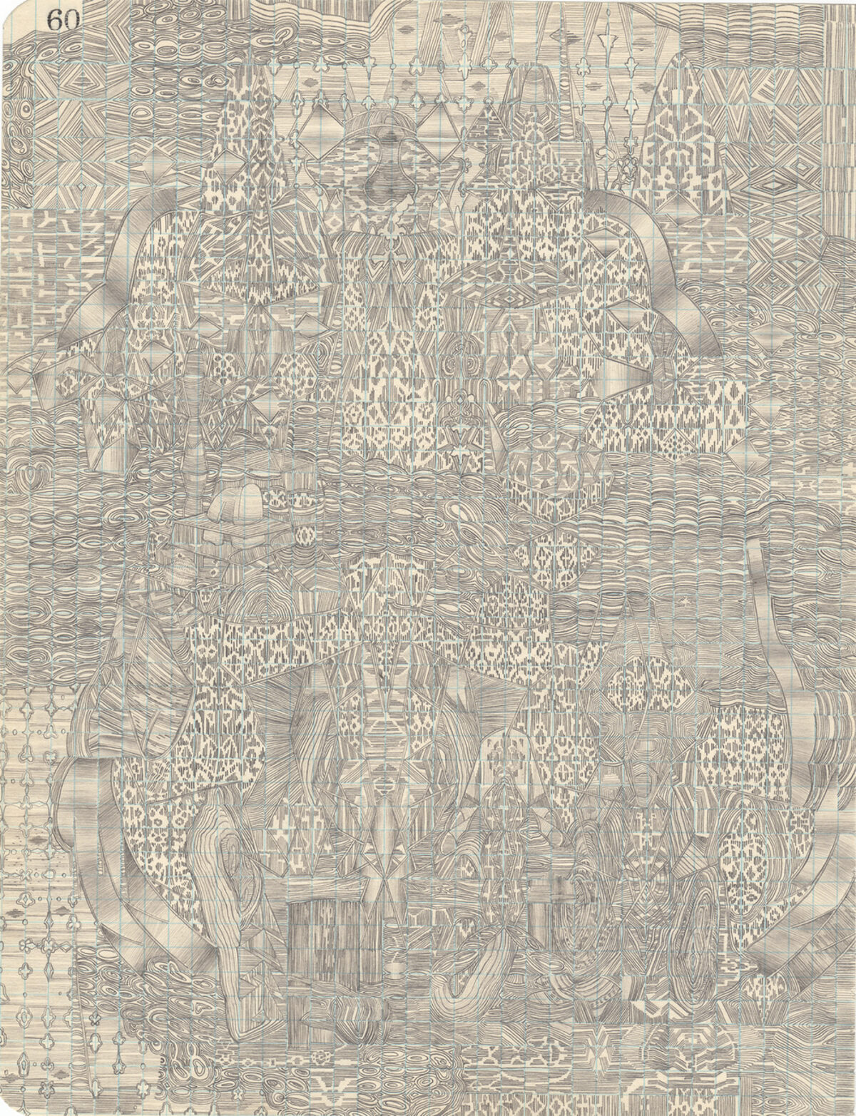 A densely detailed monochromatic drawing featuring an intricate landscape filled with architectural structures, forests, and topographical patterns rendered in fine linear marks and cross-hatching. The composition is framed by organic, curved borders and organized around a central vertical axis, creating a sense of depth and visual complexity across the entire paper surface.