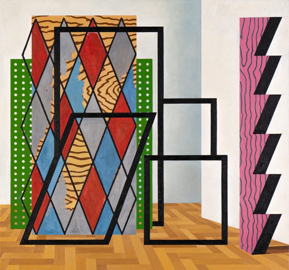 Abstract geometric composition featuring layered rectangular frames with contrasting patterns: a central diamond-patterned panel in red, blue, and gray with black outlines; flanking green sections with white polka dots; warm orange and brown textured backgrounds; and a pink panel on the right with black zigzag forms. The overlapping rectangular frames create depth against a wooden parquet floor rendered in warm tones.
