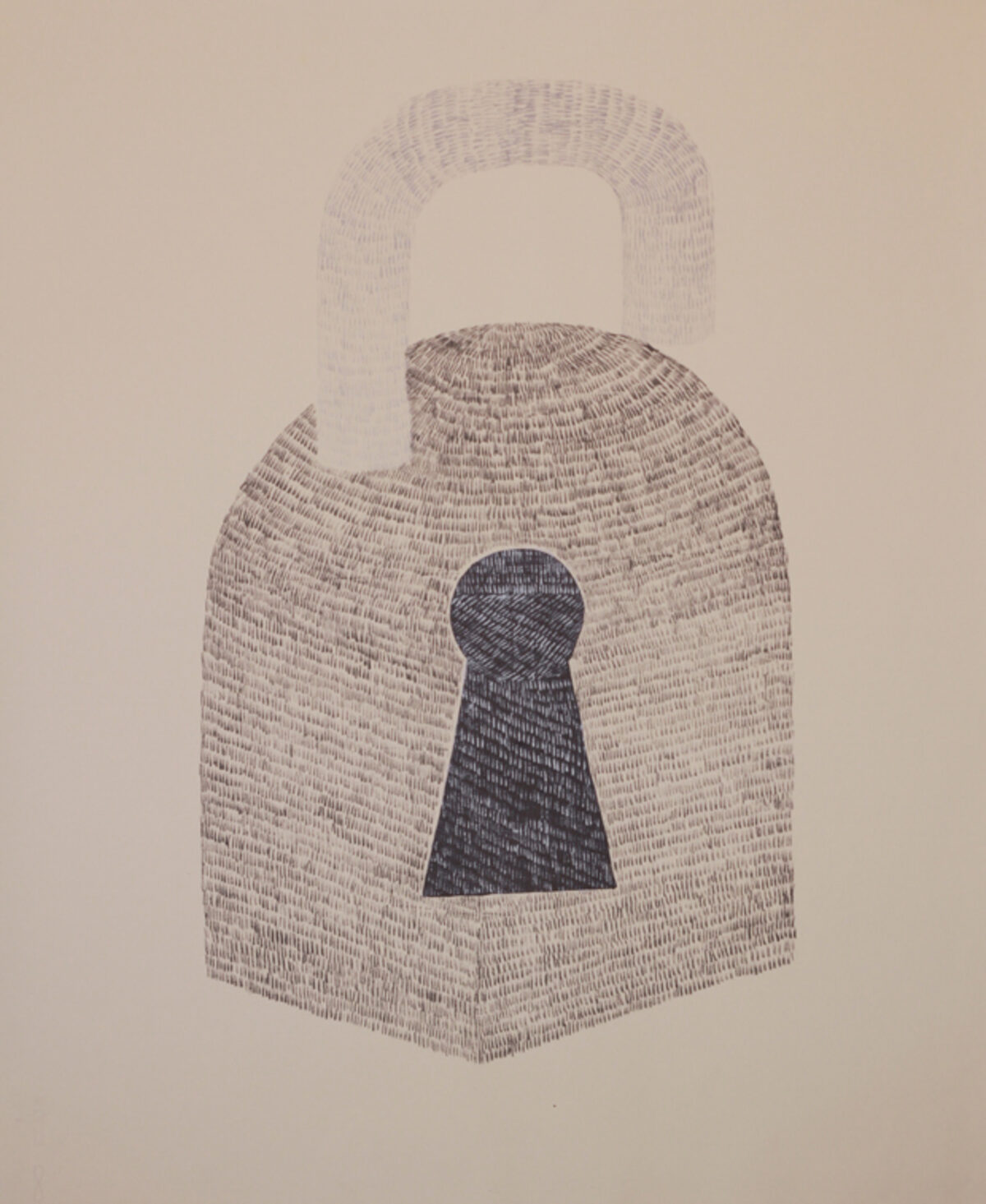 A large padlock rendered in textured graphite and silver ink dominates the composition. The lock's body is filled with dense linear marks creating a woven appearance, while a darker keyhole at its center contrasts against the lighter toned shackle above.