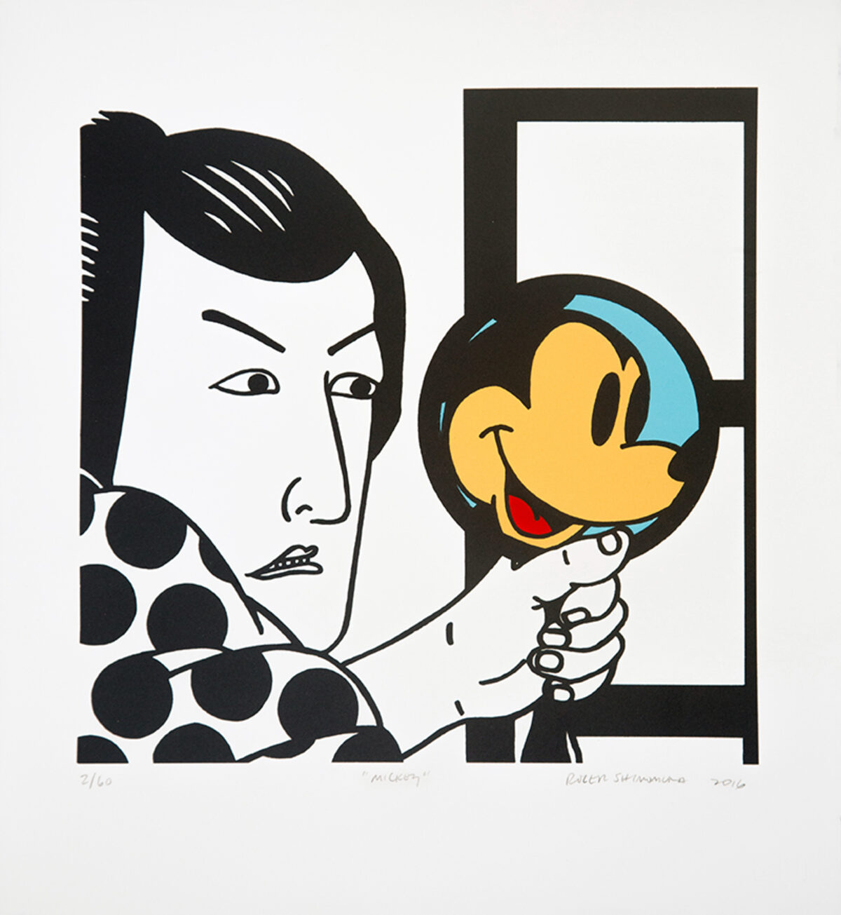 A stylized lithograph depicting a woman with angular features and black hair holding up a cheerful cartoon mouse character with yellow face and blue ears. Bold black lines and solid forms frame the composition, with the woman's polka-dotted garment rendered in dark circles against the white background. Yellow and blue accents on the mouse provide the only color in this predominantly black and white graphic work.