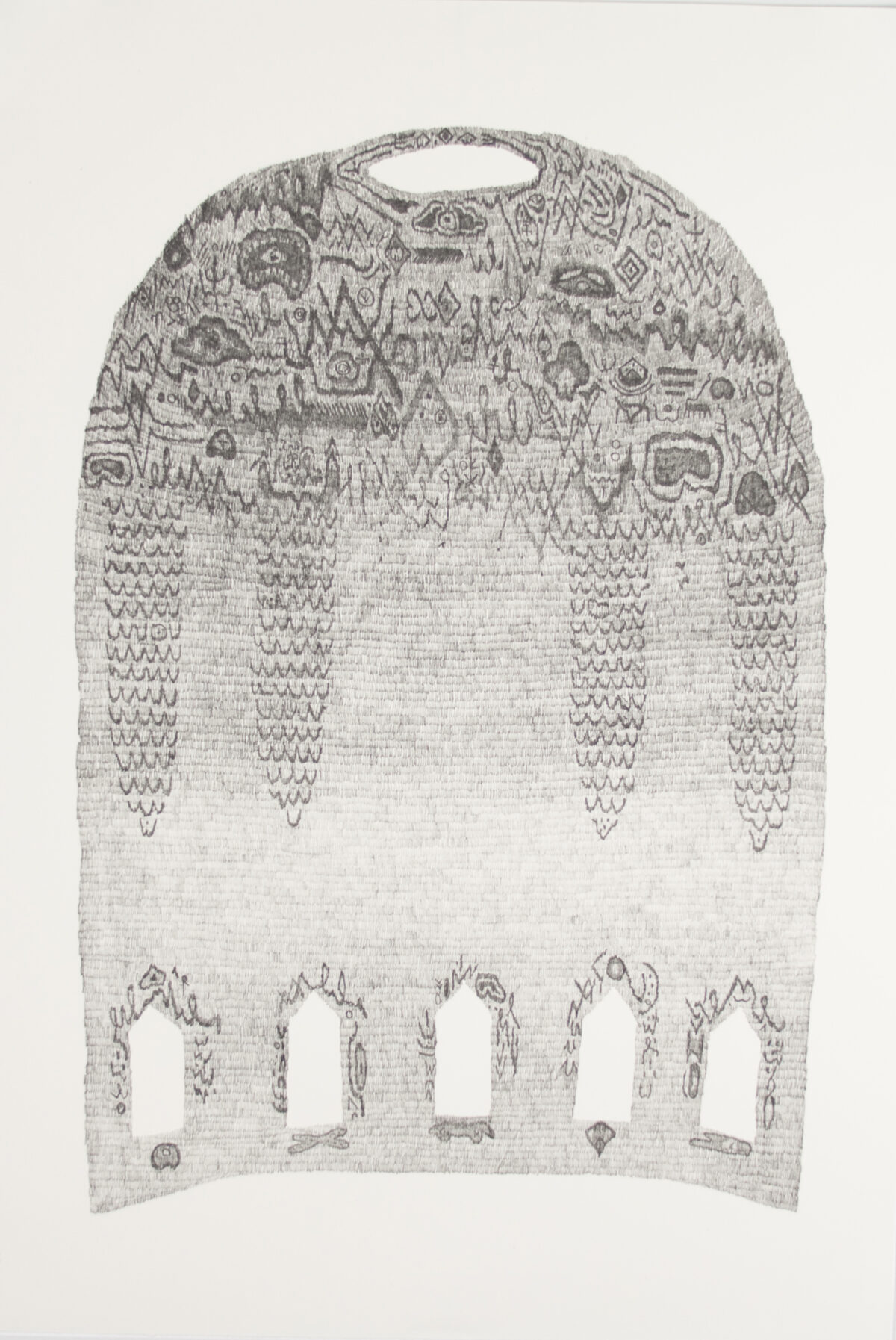 A light gray textile-like composition featuring intricate geometric and figurative patterns concentrated along the top and sides, with five vertical openings cut through the lower portion. Dense linear markings and abstracted forms create a lace-like quality throughout the piece.