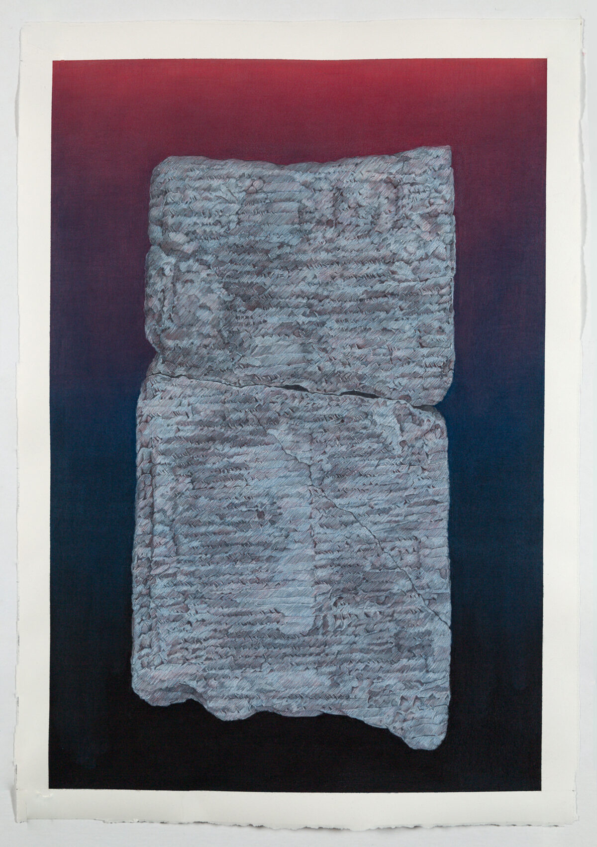 A pale gray textured rectangular stone tablet with cuneiform markings displayed vertically against a gradient background that transitions from deep burgundy at the top to black at the bottom.