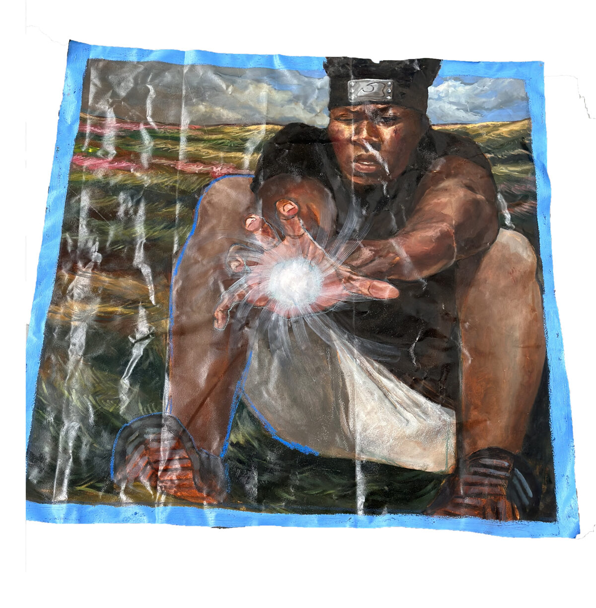 Two figures with brown skin stand in a landscape with waterfalls and rolling terrain. The figure on the right wears a black headwrap and white cloth, while the smaller figure on the left reaches toward a luminous white orb emanating from the right figure's hand. The composition is framed with a bright blue border and rendered in rich earth tones with gestural brushwork and layered paint techniques.
