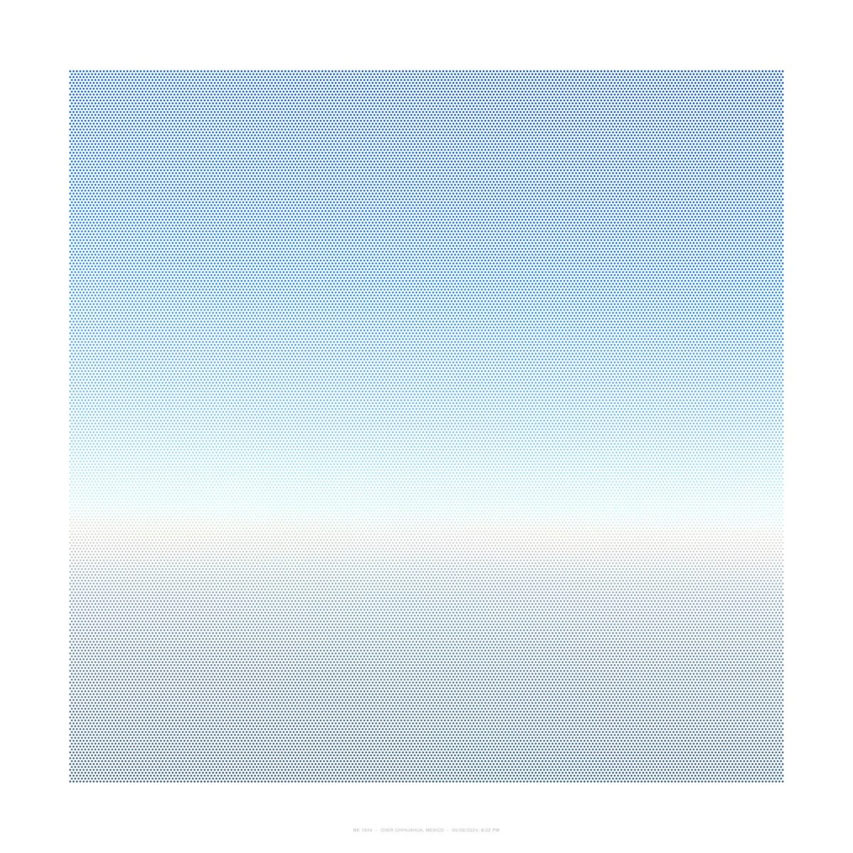 A gradient composition rendered in blue halftone dots, transitioning from deep saturated blue at the top to pale blue-white at the center, then returning to blue tones toward the bottom. The dotted pattern creates a subtle texture across the entire square composition.