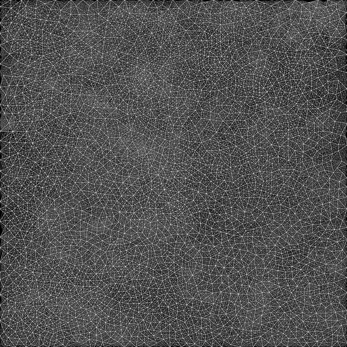 Dense network of thin white lines intersecting across a dark charcoal ground, creating an intricate web of triangular and polygonal forms throughout the composition.