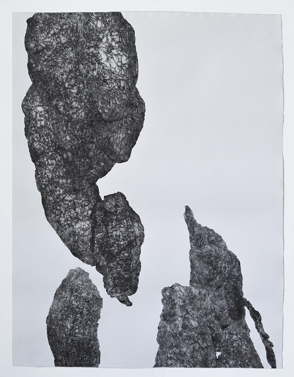 A monoprint featuring three abstracted stone or rock-like forms rendered in dark gray and black against a light background. The forms are densely textured with intricate linear marks and organic patterning, creating a weathered, geological appearance. The composition is vertically oriented with the largest form positioned centrally above, while two smaller forms occupy the lower portion of the frame.