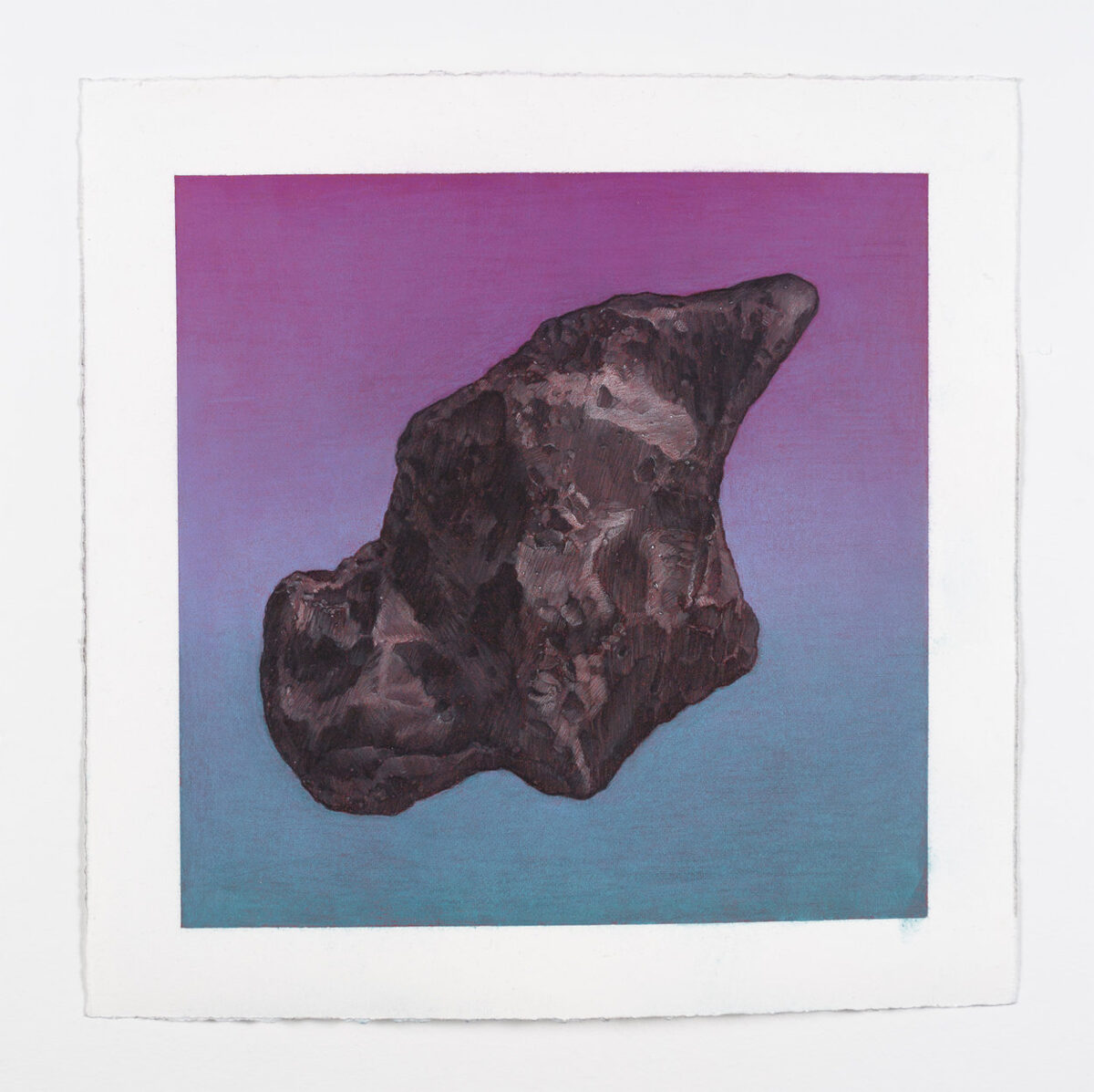 A dark, irregularly shaped meteorite rendered in rich detail against a gradient background that transitions from magenta at the top to cool blue-teal at the bottom. The rocky object is centered in the composition with visible surface texture and shadowing that gives it dimensional form against the colorful, atmospheric backdrop.