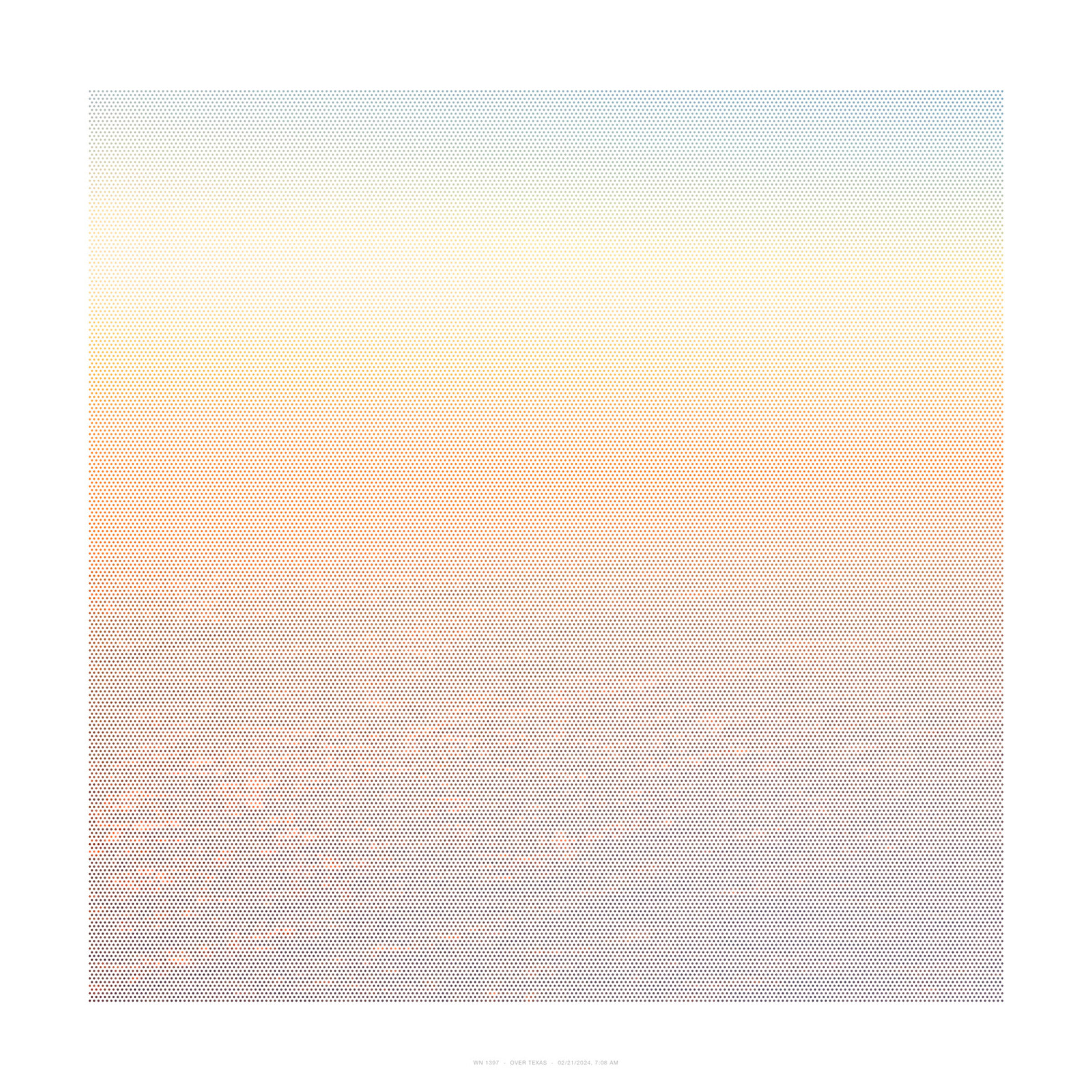 A gradient composition rendered in a dense dot matrix pattern, transitioning from cool gray tones at the top through warm cream and pale yellow in the middle section, to peachy-pink and mauve tones toward the bottom. The systematic pointillist technique creates a soft, atmospheric effect across the square format.
