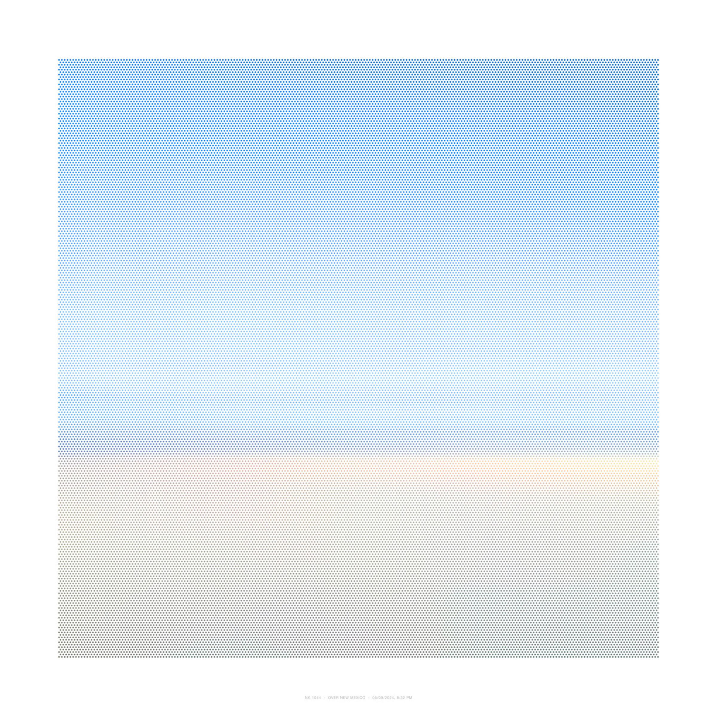 A large-scale composition dominated by a gradient field of small blue dots that transitions gradually toward warm peachy and cream tones in the lower right quadrant, creating a subtle atmospheric effect across the entire surface.