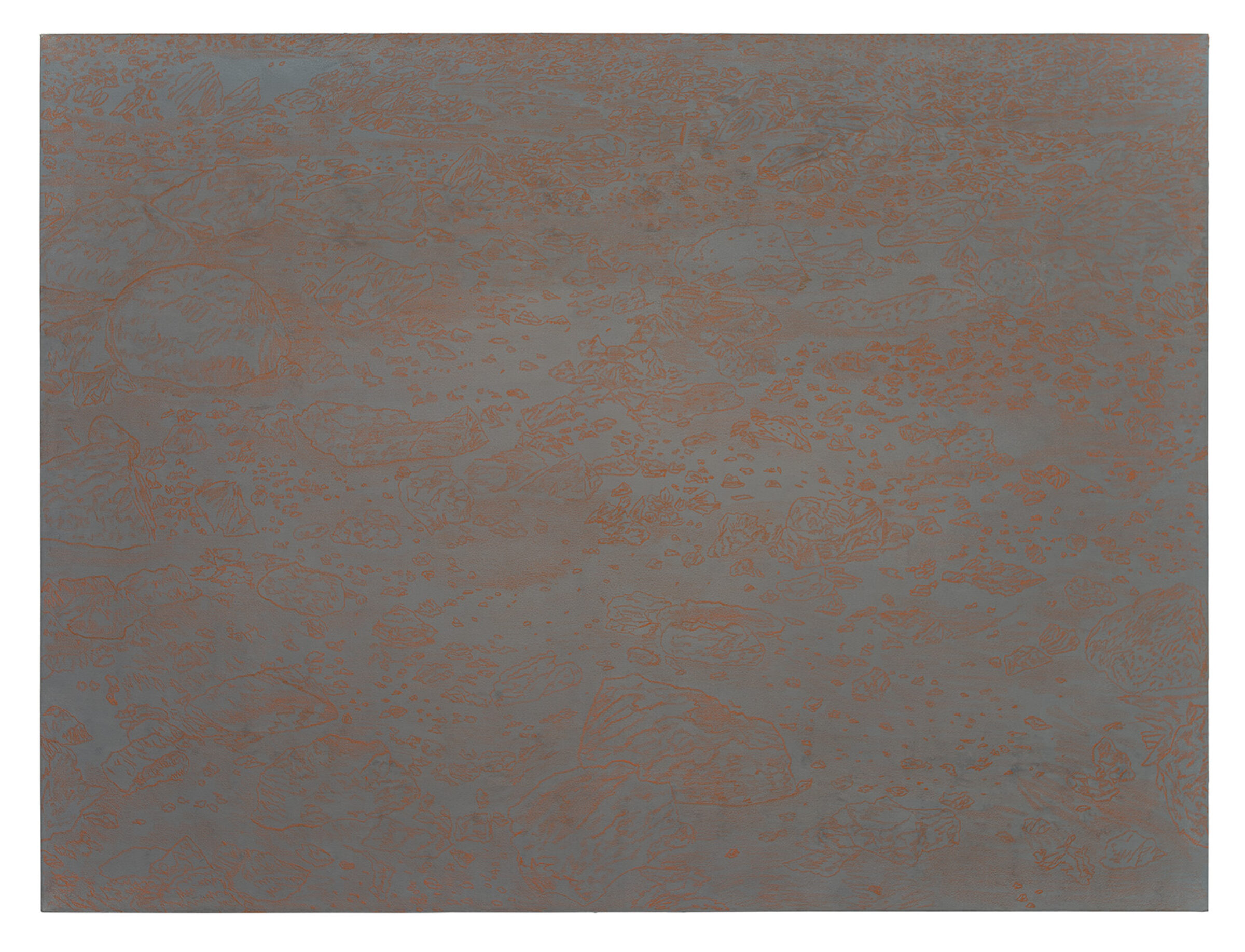 Textured gray-blue surface with rust-red linear marks and gestural marks creating an abstract, weathered appearance throughout the composition. The marks suggest a landscape or topographical forms rendered in warm tones against the cooler ground.