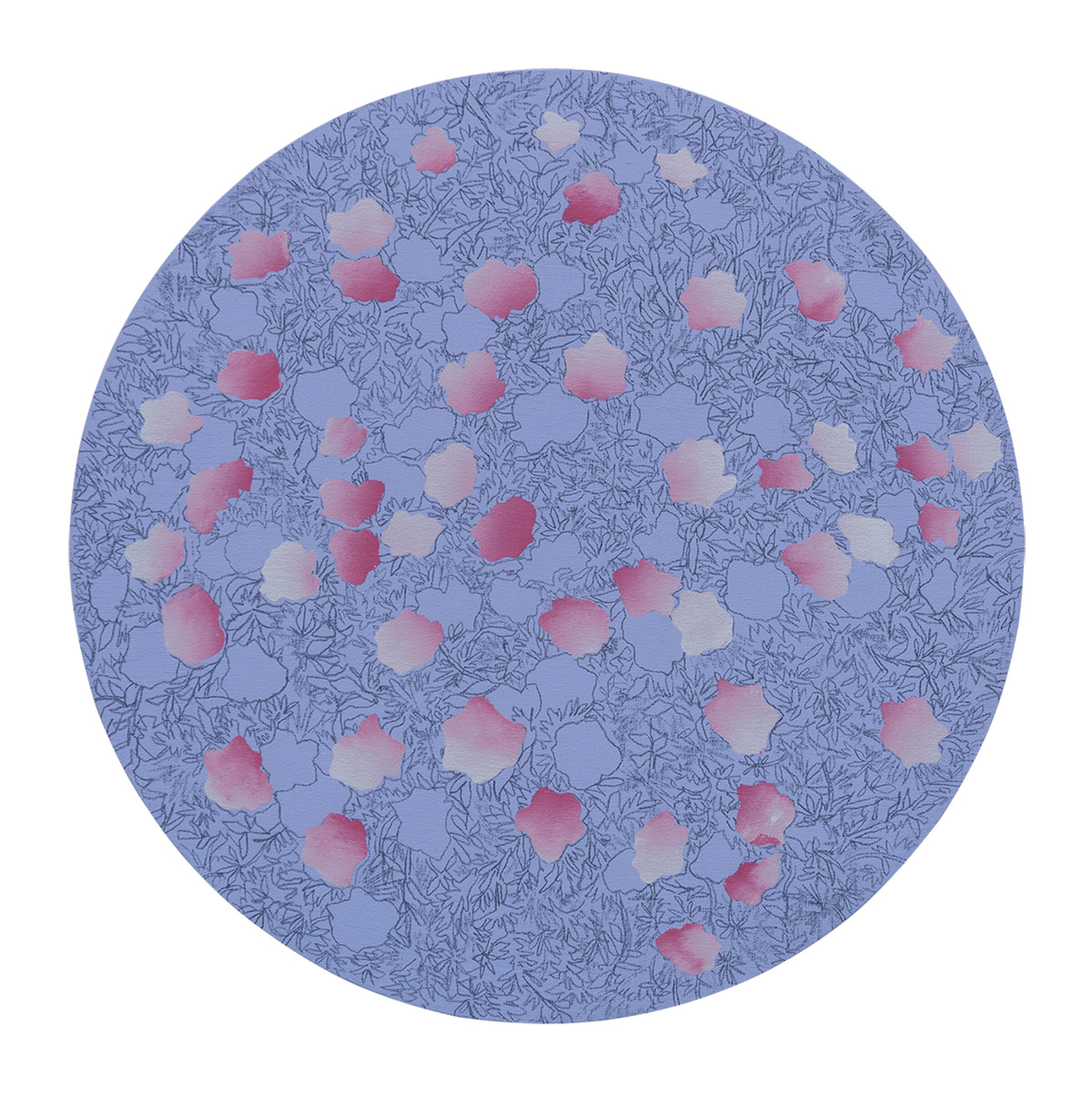 A circular composition on a periwinkle-blue ground features delicate line-drawn foliage throughout, with approximately fifty soft, watercolor-like circular blooms in varying shades of pink, coral, and white distributed across the surface.