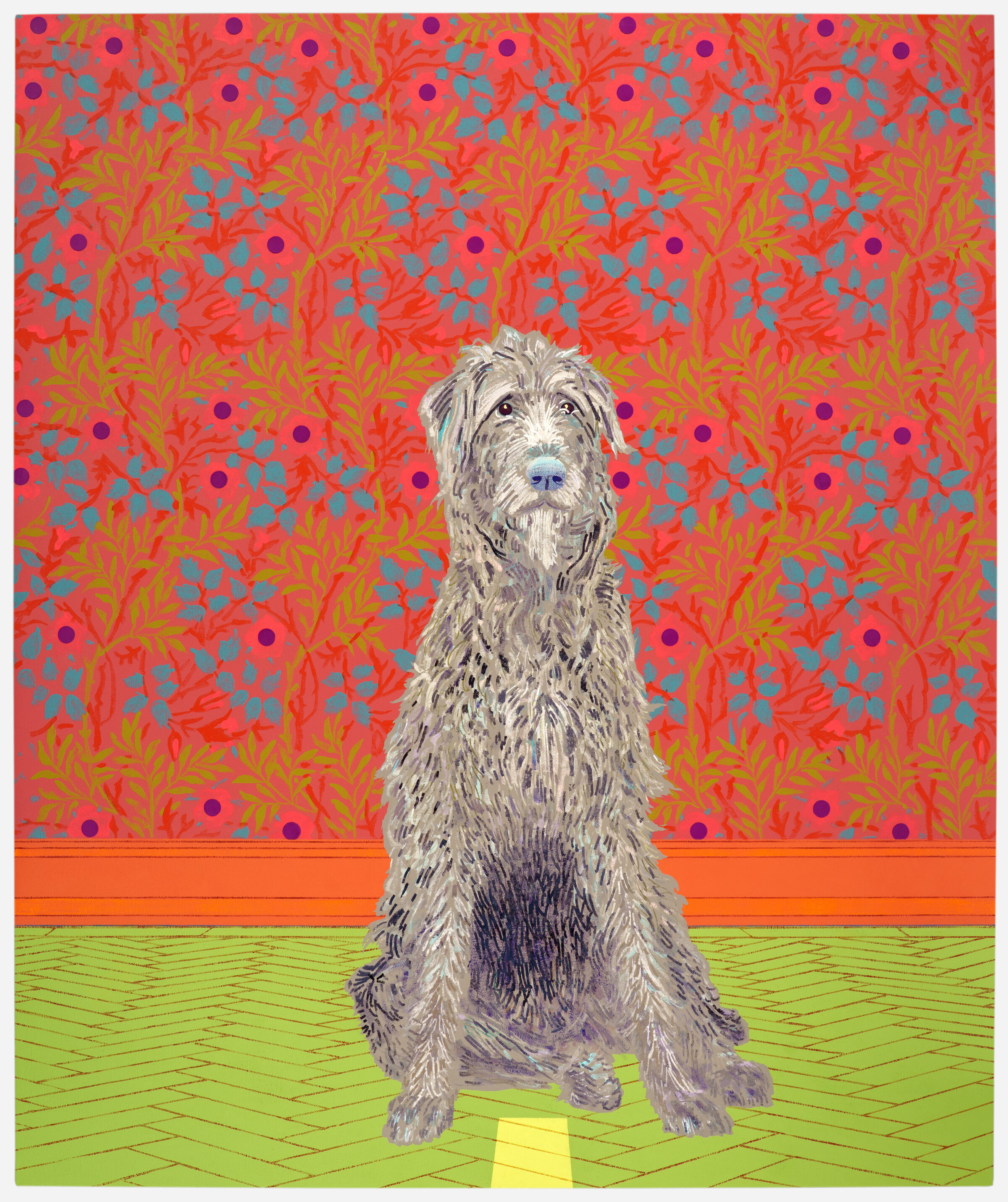 A shaggy, gray-haired dog sits centered on a lime green textured floor, gazing forward with a serene expression. Behind the dog, a vibrant patterned wall features red, coral, and yellow organic branching forms with turquoise leaf shapes and purple circular accents, separated from the floor by a bright orange horizontal band.