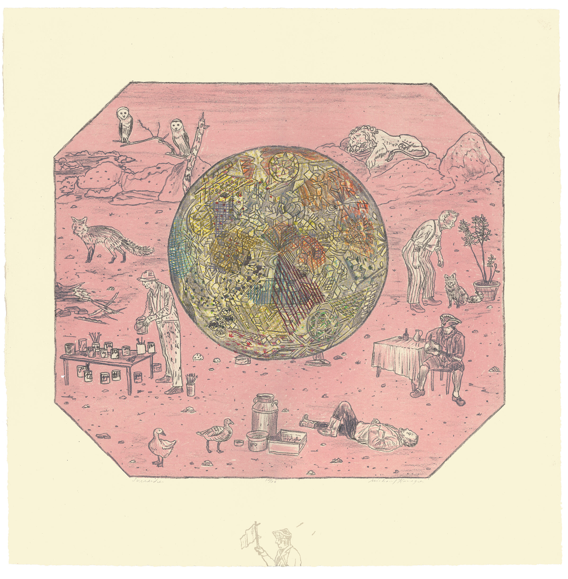 A surreal color lithograph depicting a dusty pink landscape with various figures and animals surrounding a large golden celestial sphere at center. The sphere's interior contains intricate, densely-packed imagery in gold and earth tones. Scattered around the barren terrain are human figures engaged in different activities, small animals including owls and a fox, potted plants, tables with objects, and architectural elements, all rendered in a detailed, hand-drawn style with subtle color variations and stamped textures.