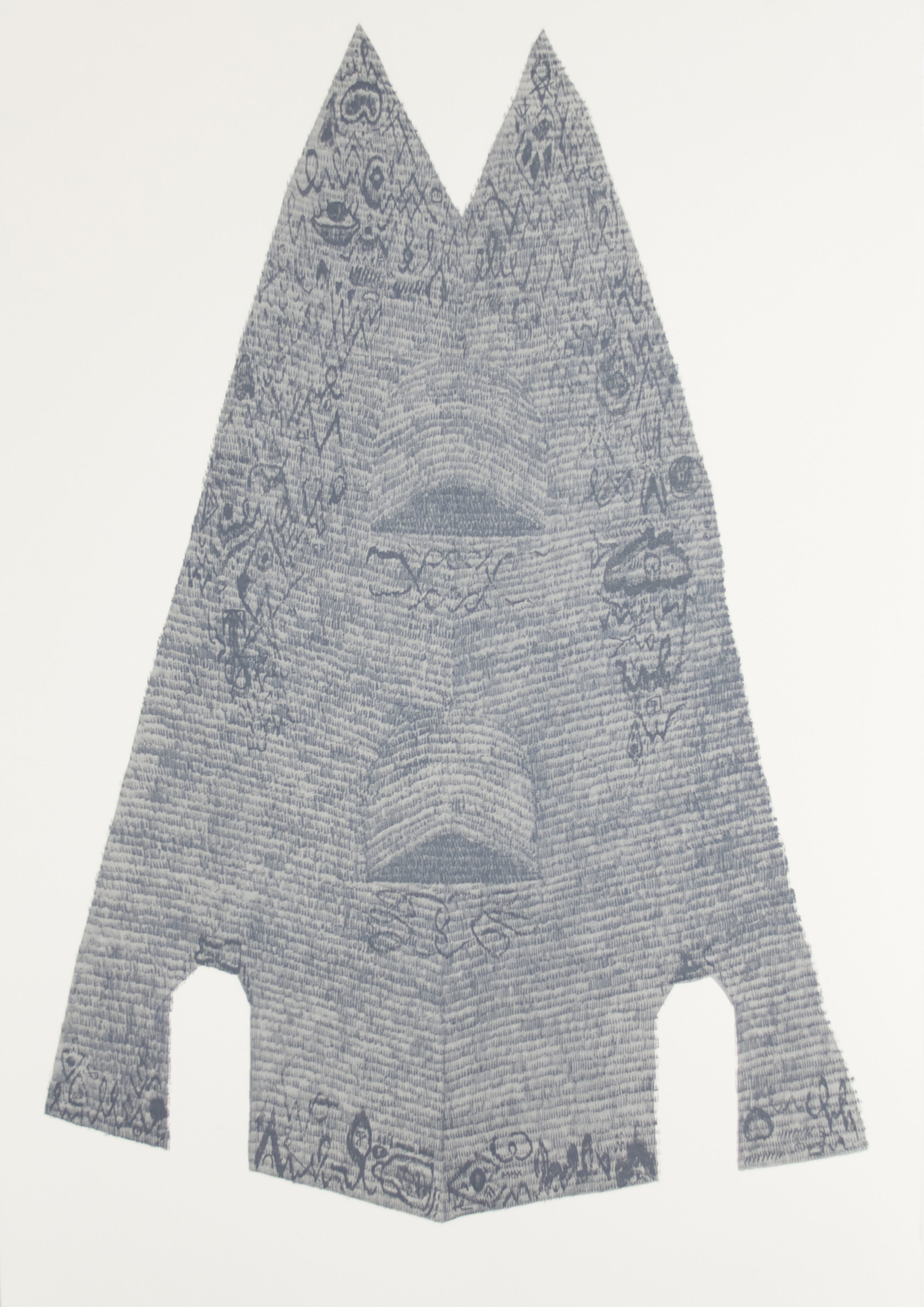 A tall, pointed triangular form with two peaks rendered in screenprinted graphite, filled with dense horizontal lines and intricate patterned imagery. Two rectangular cutouts at the base create an arch-like negative space, while decorative motifs and textural marks emerge across the surface.