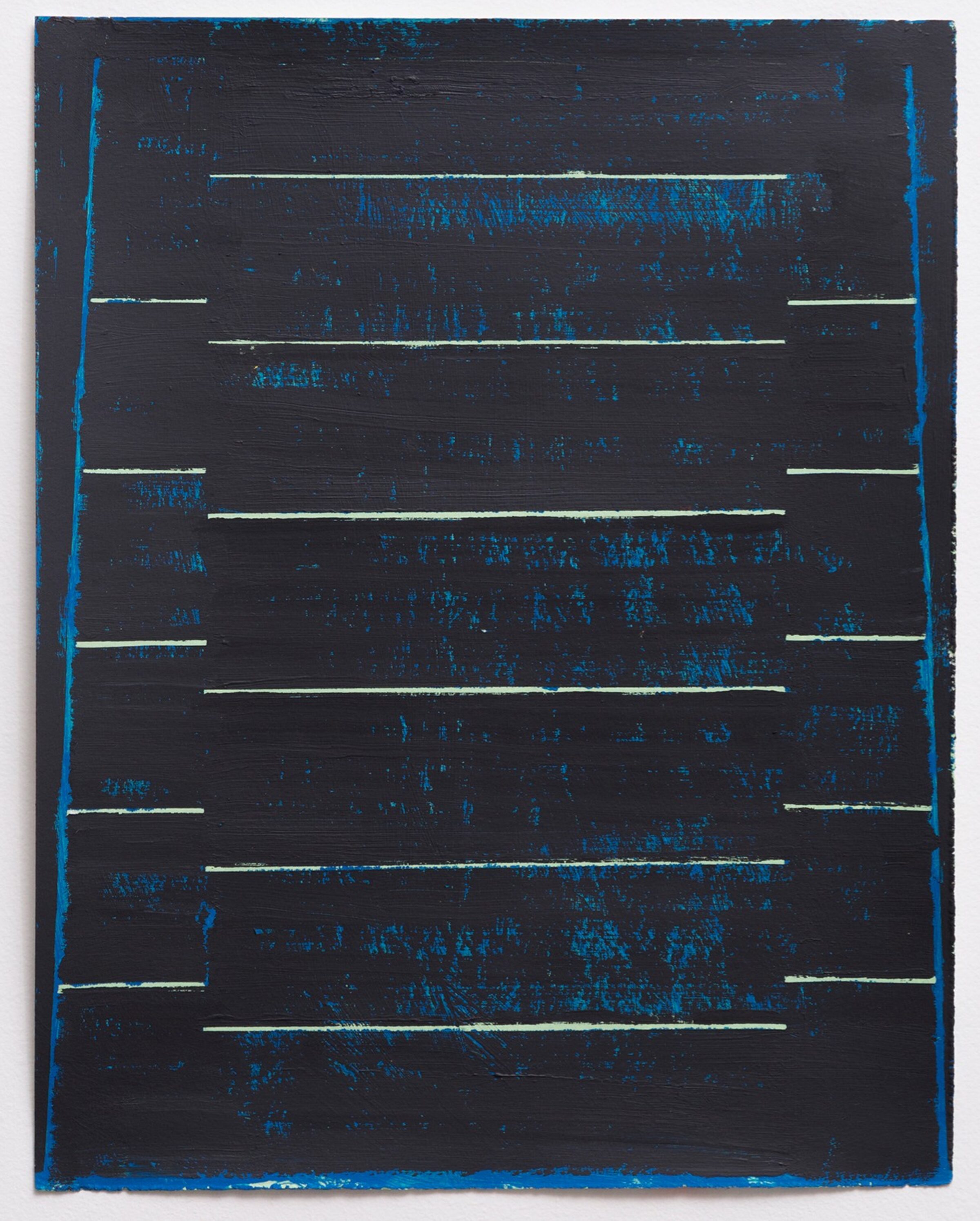 A dark navy canvas with bright blue texture and distressing throughout, intersected by horizontal lines in white and pale green that span across the composition. The work features a stark geometric framework with vertical blue strokes along the left and right edges, creating a sense of depth and structure against the weathered, heavily textured background.
