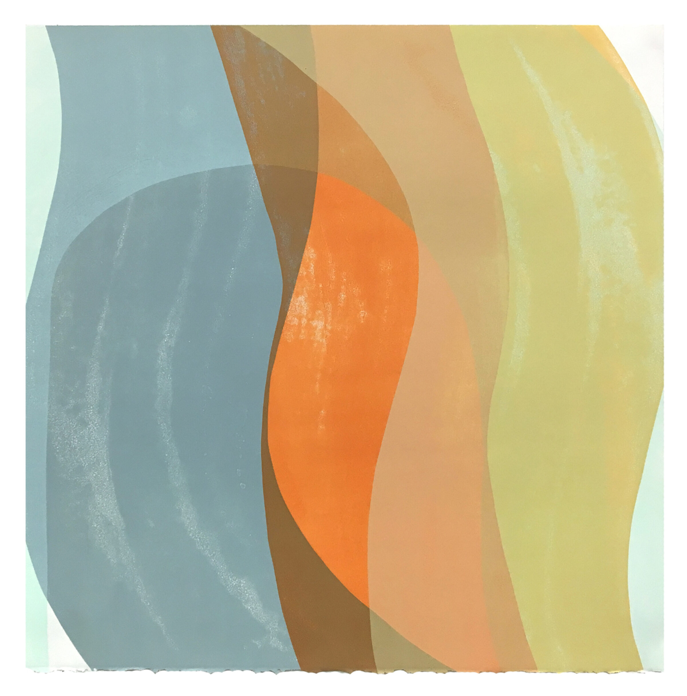 Layered curved bands of translucent color—blue-grey, brown, peach, orange, and pale yellow—overlap and shift across the composition, creating depth through transparency and gentle wave-like forms. The soft, textured surface and muted palette suggest a serene, abstract landscape of flowing organic shapes.