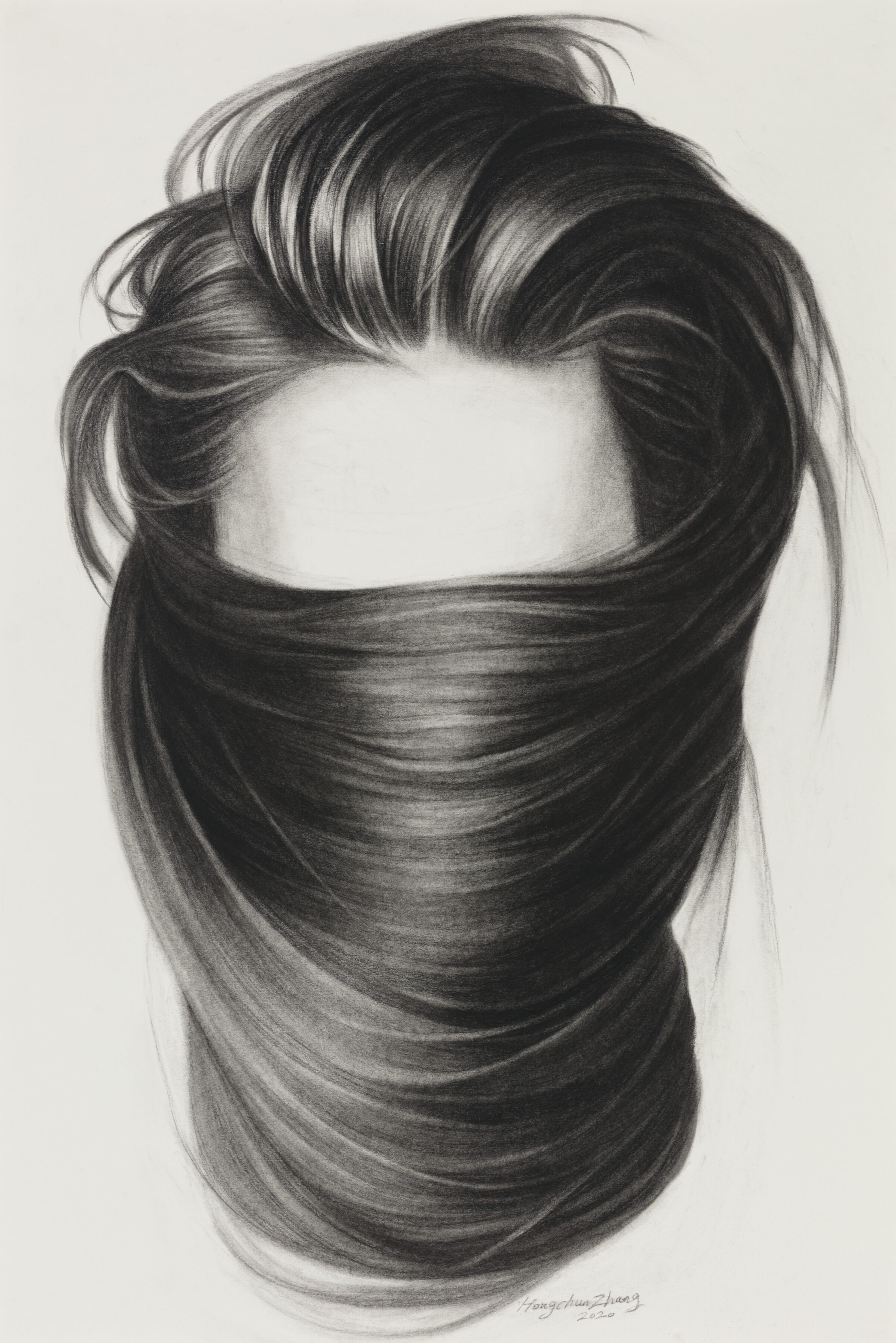 A charcoal drawing on paper depicting a stylized male head and shoulders, with the face obscured by flowing, voluminous dark hair wrapped around the lower half. The upper portion shows carefully rendered hair swept upward with lighter highlights, while the lower section features dramatic, sweeping strokes creating a veil-like drape of hair across the face and neck.