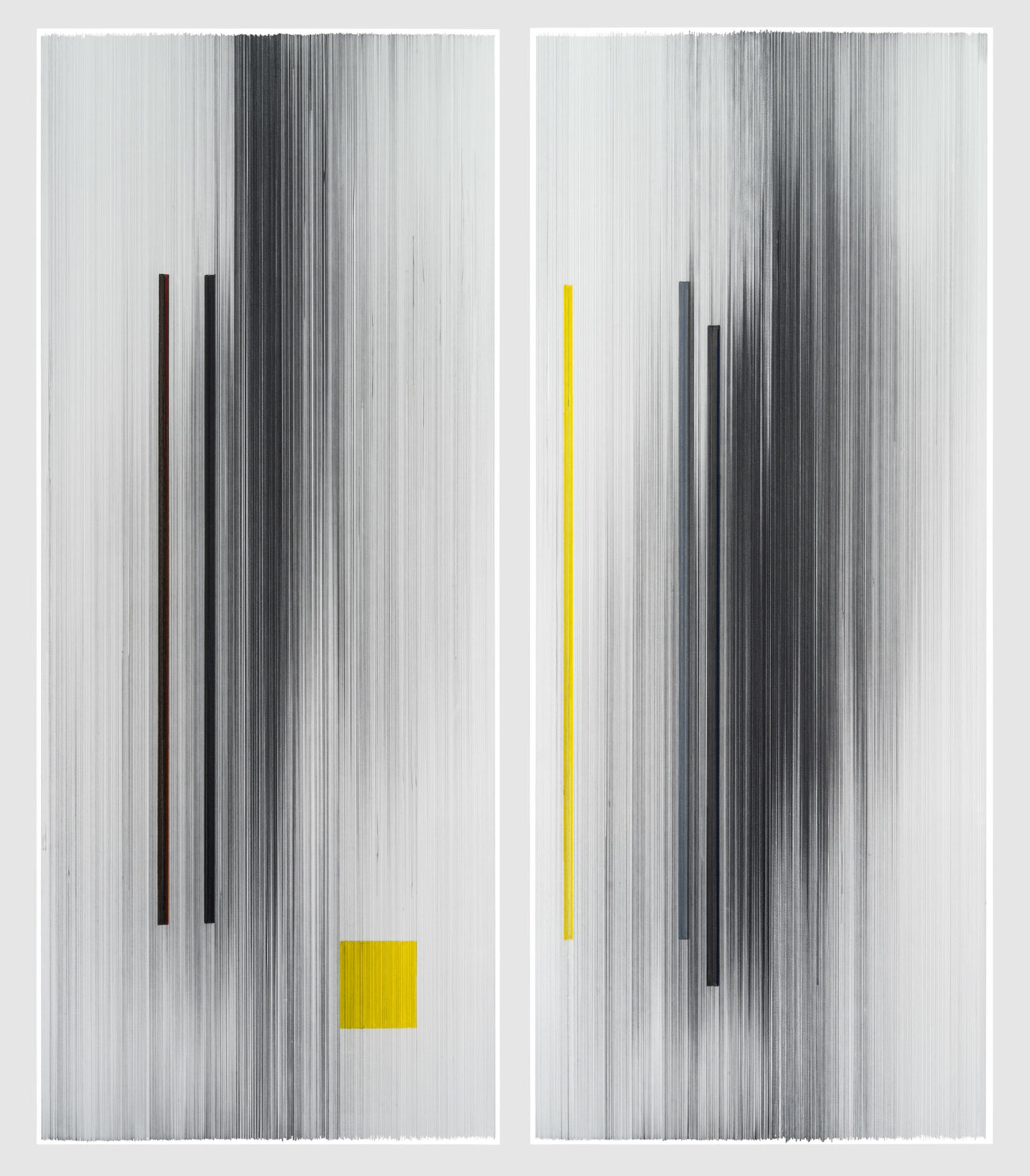 Two vertical panels filled with dense, parallel graphite lines creating a textured, striped surface. Dark brown and black vertical bars appear in the upper portion of the left panel, while a bright yellow square sits in the lower center. The right panel features a yellow vertical line in the upper-middle section and dark gray and black bars, maintaining the same linear background texture throughout both compositions.