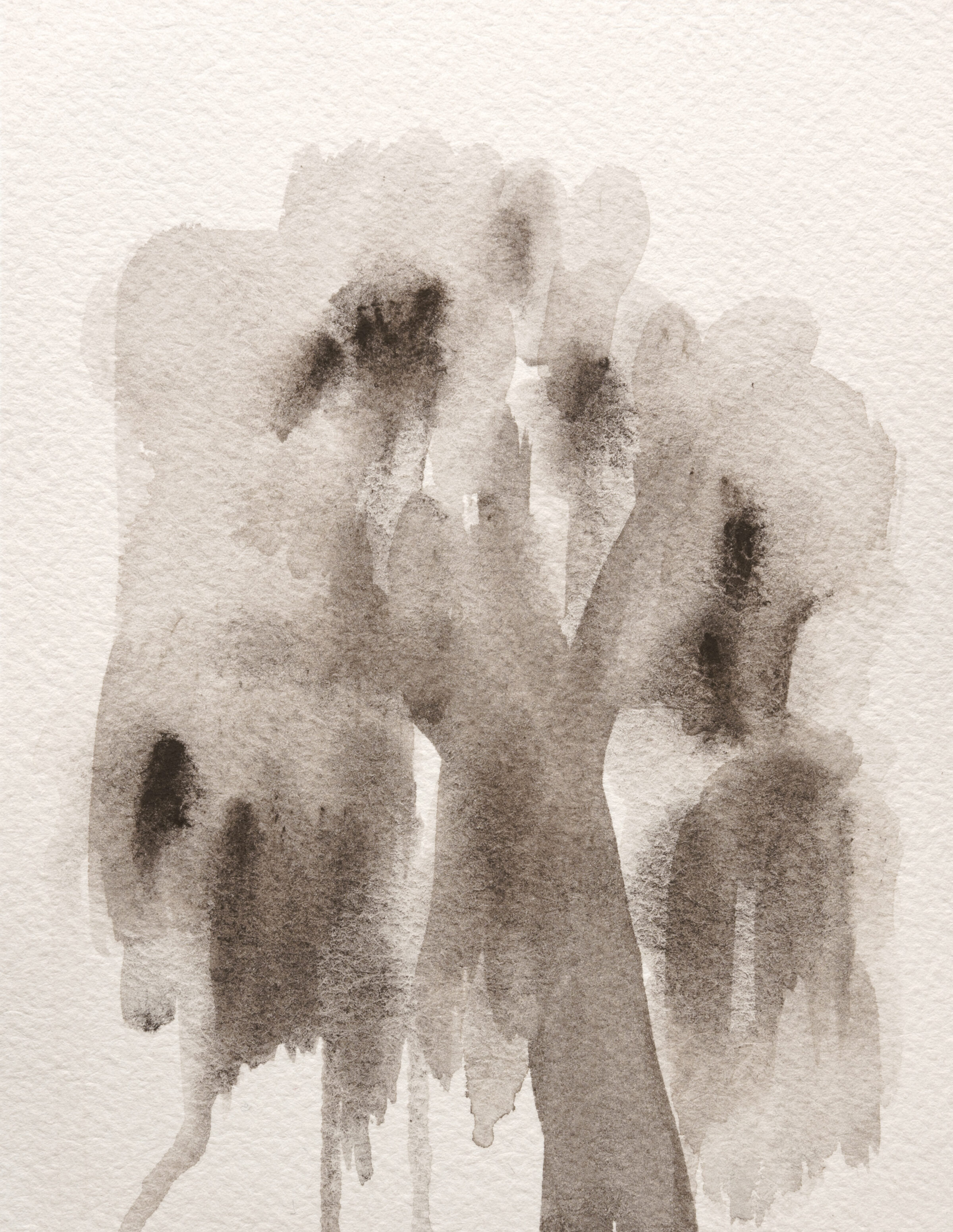 Abstract gouache painting on paper featuring layered, translucent forms in muted grays and browns. The composition shows gestural, dripping brushwork creating ethereal vertical shapes that suggest figures or architectural elements, rendered in soft washes that blur and dissolve into the cream-colored paper surface.