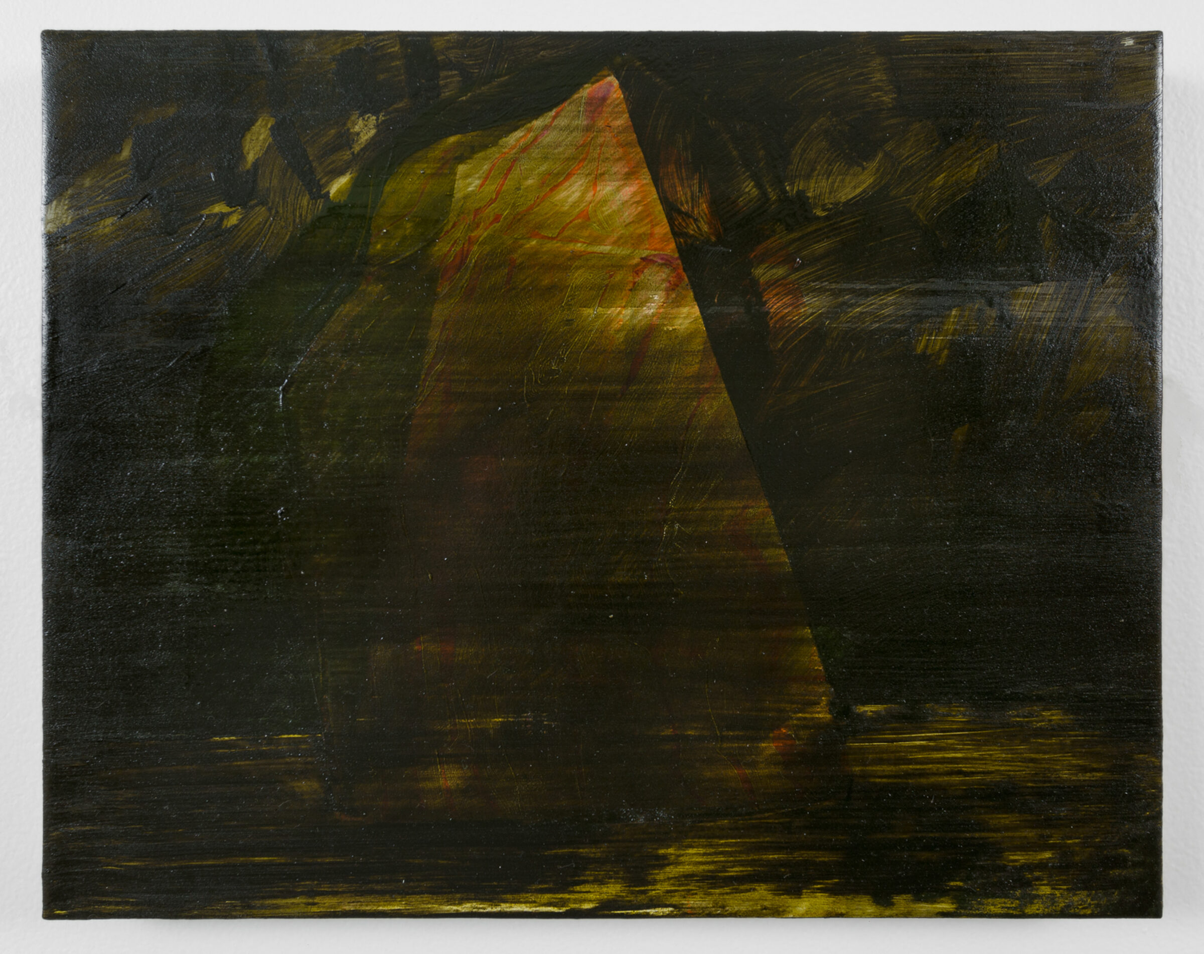 A dark, moody painting dominated by deep browns and blacks, with a luminous golden-yellow triangular form emerging from the center. Horizontal streaks of ochre and gold run across the lower portion, while the surrounding areas feature gestural brushwork creating a sense of cavernous depth and shadow.