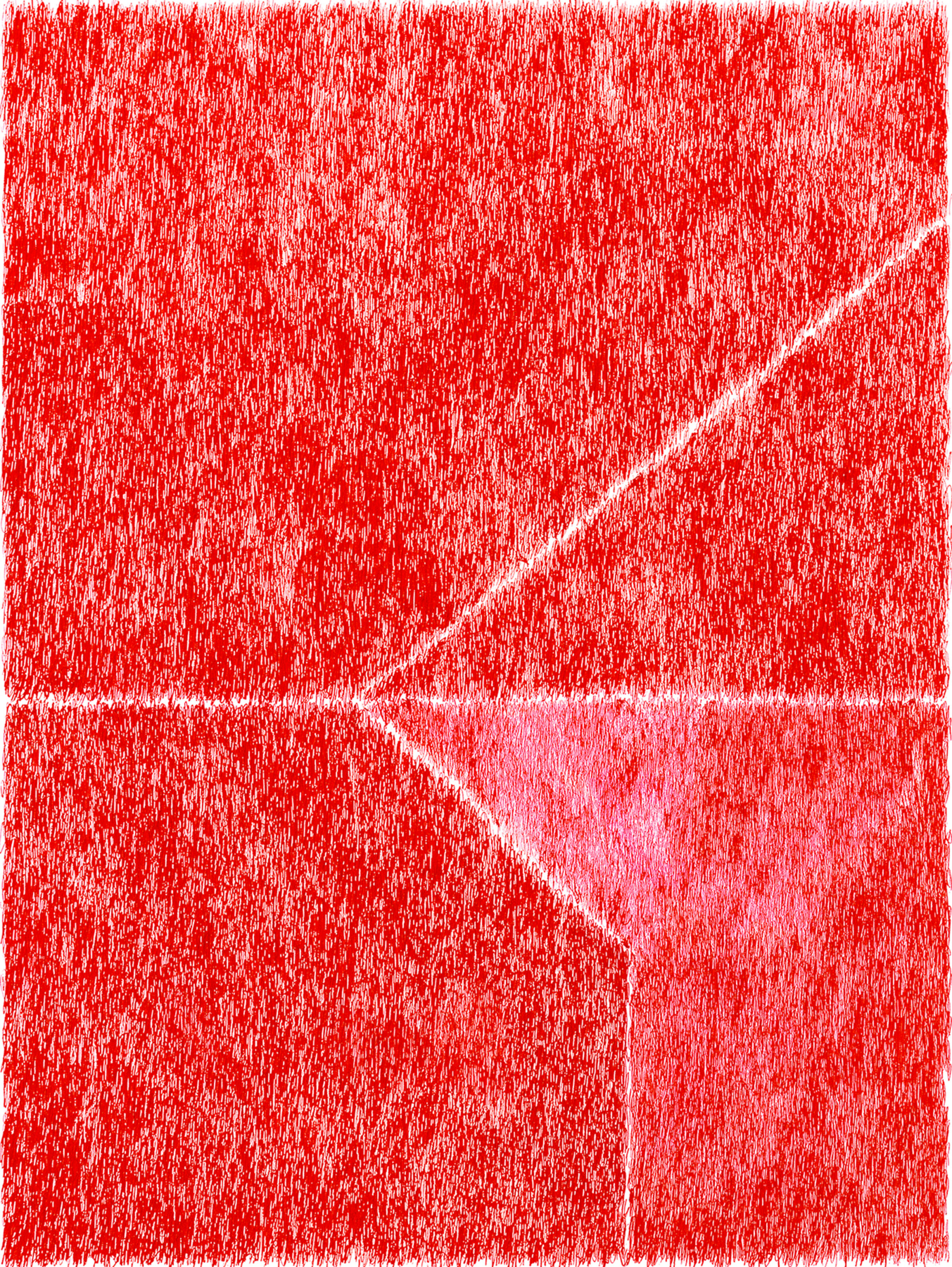 A dense, textured composition in shades of red and pink, dominated by vertical and diagonal line work that creates a scratched, layered surface. Lighter geometric shapes—triangular and angular forms—emerge from the darker red background, creating a sense of depth and movement across the work.